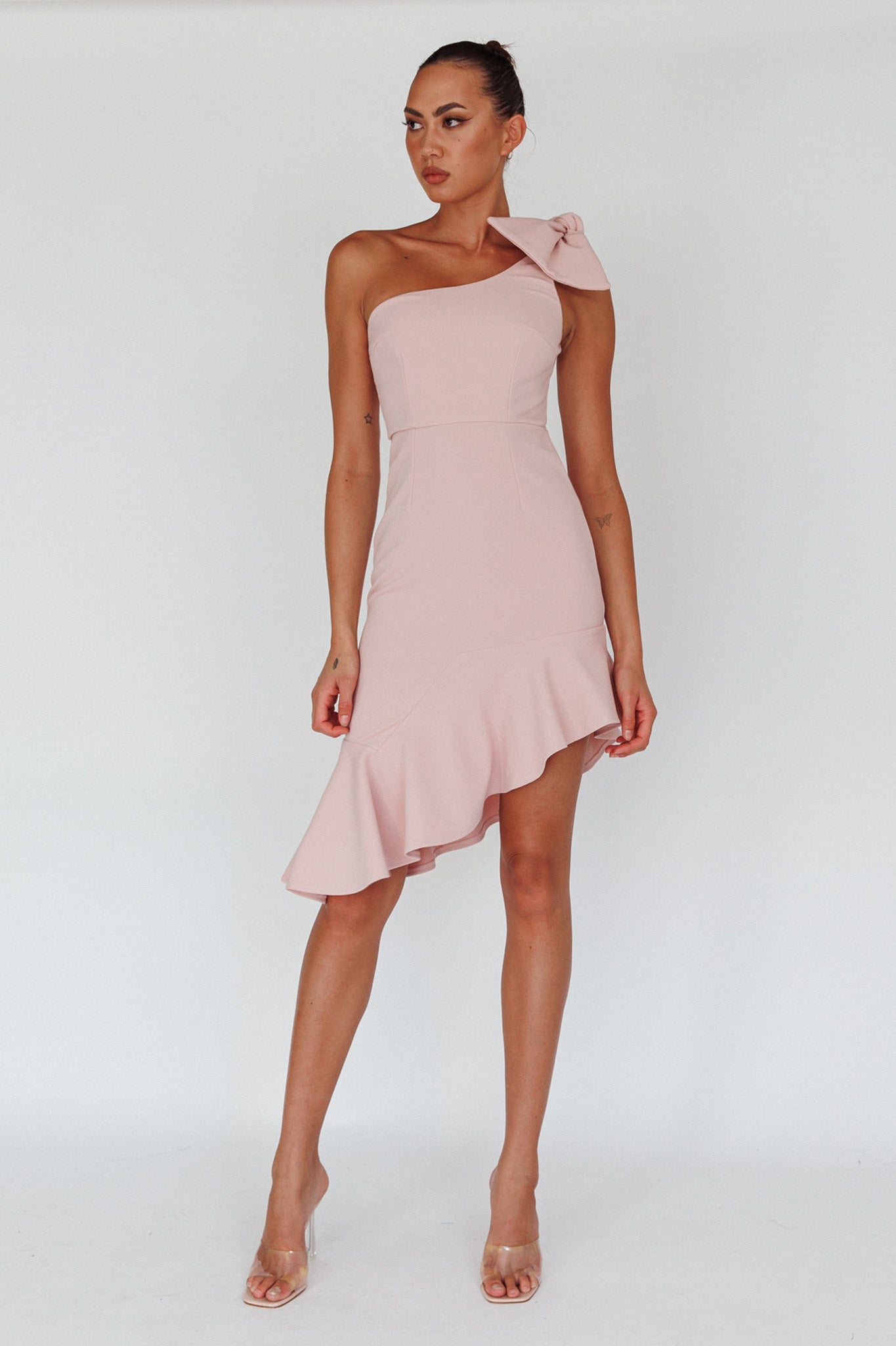 Tiffany One-Shoulder Bow Dress Blush by Selfie Leslie Australia