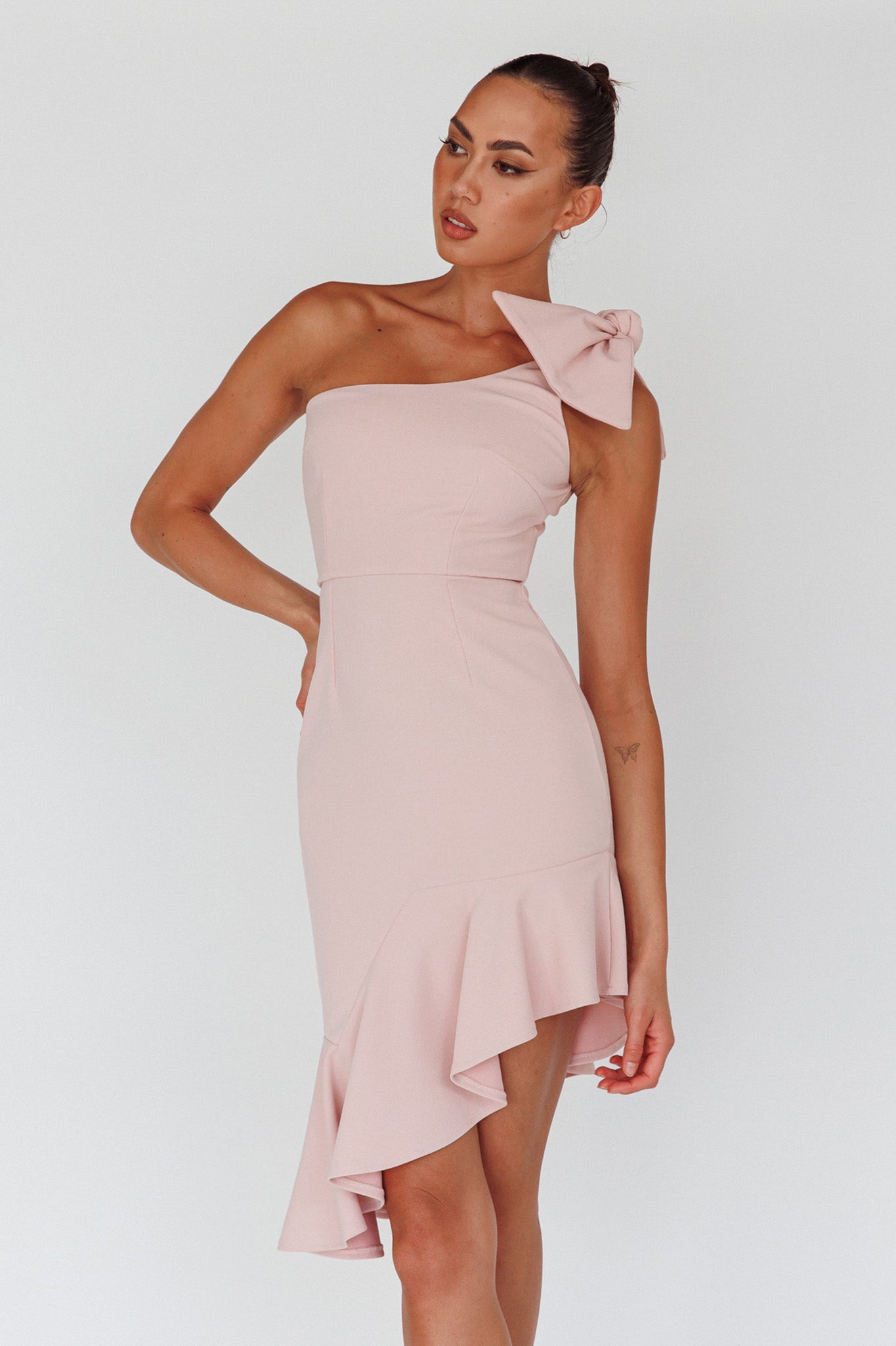 Tiffany One-Shoulder Bow Dress Blush by Selfie Leslie Australia