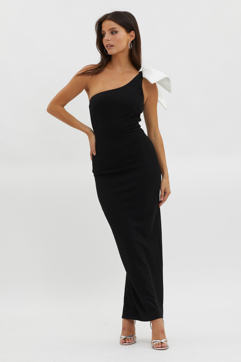 Tiffany One-Shoulder Bow Maxi Dress Black by Selfie Leslie Australia