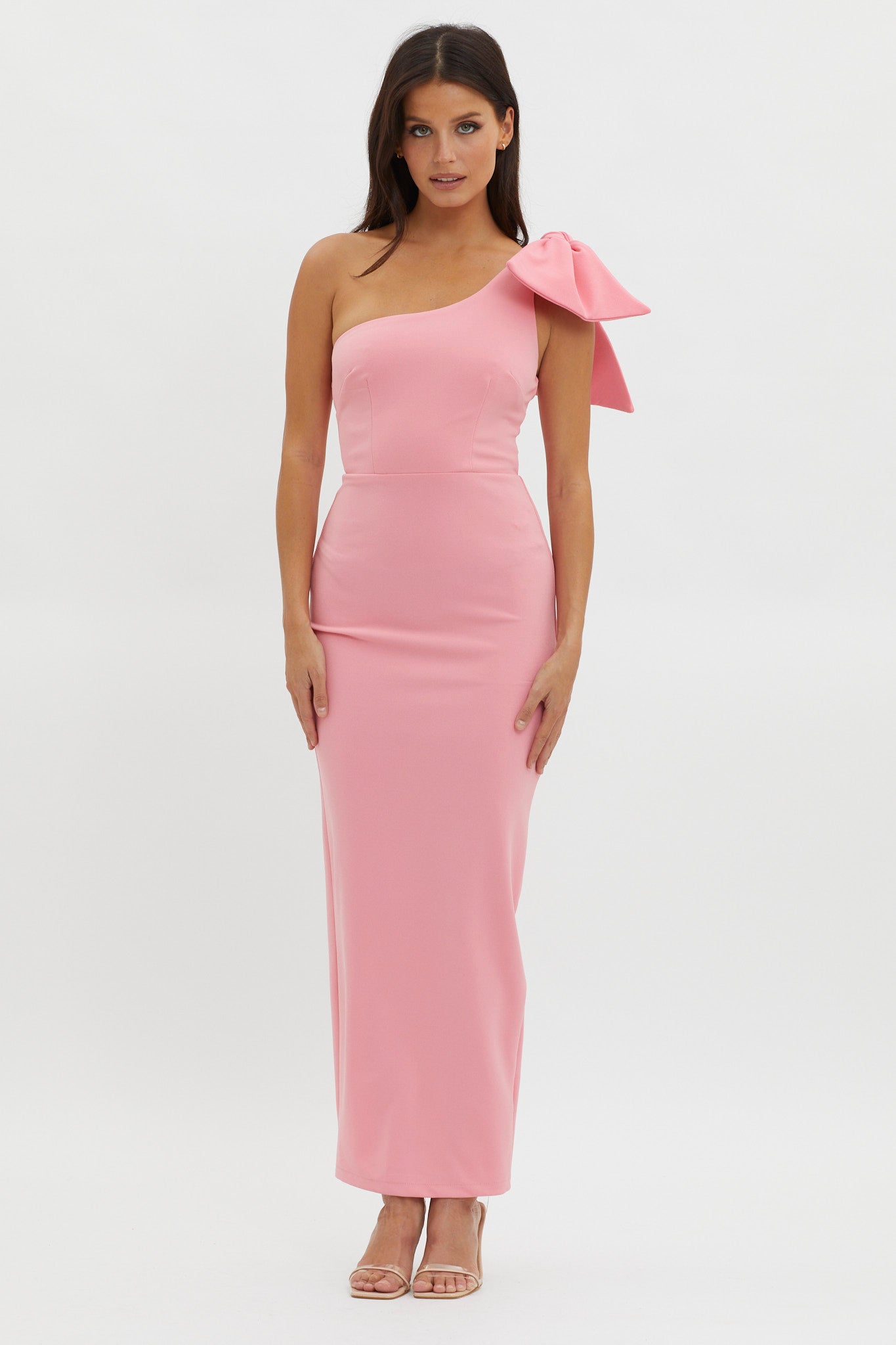 Tiffany One-Shoulder Bow Maxi Dress Pink by Selfie Leslie Australia