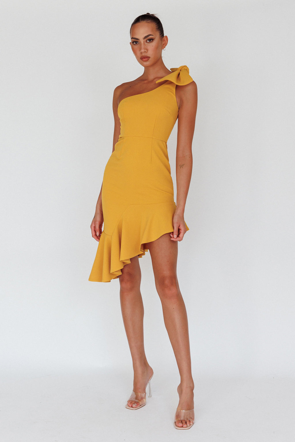 Tiffany One-Shoulder Bow Dress Mustard by Selfie Leslie Australia