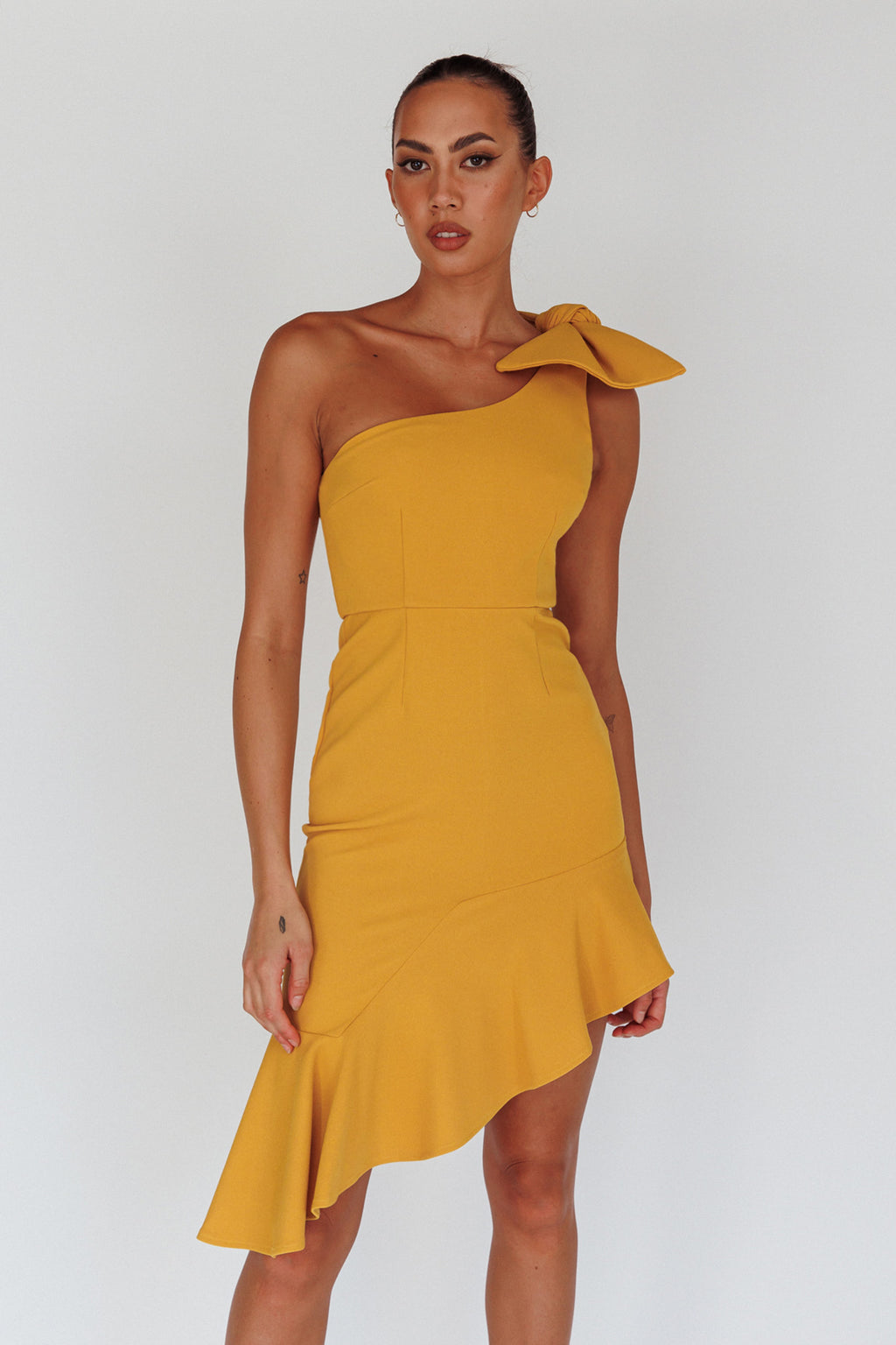 Tiffany One-Shoulder Bow Dress Mustard by Selfie Leslie Australia