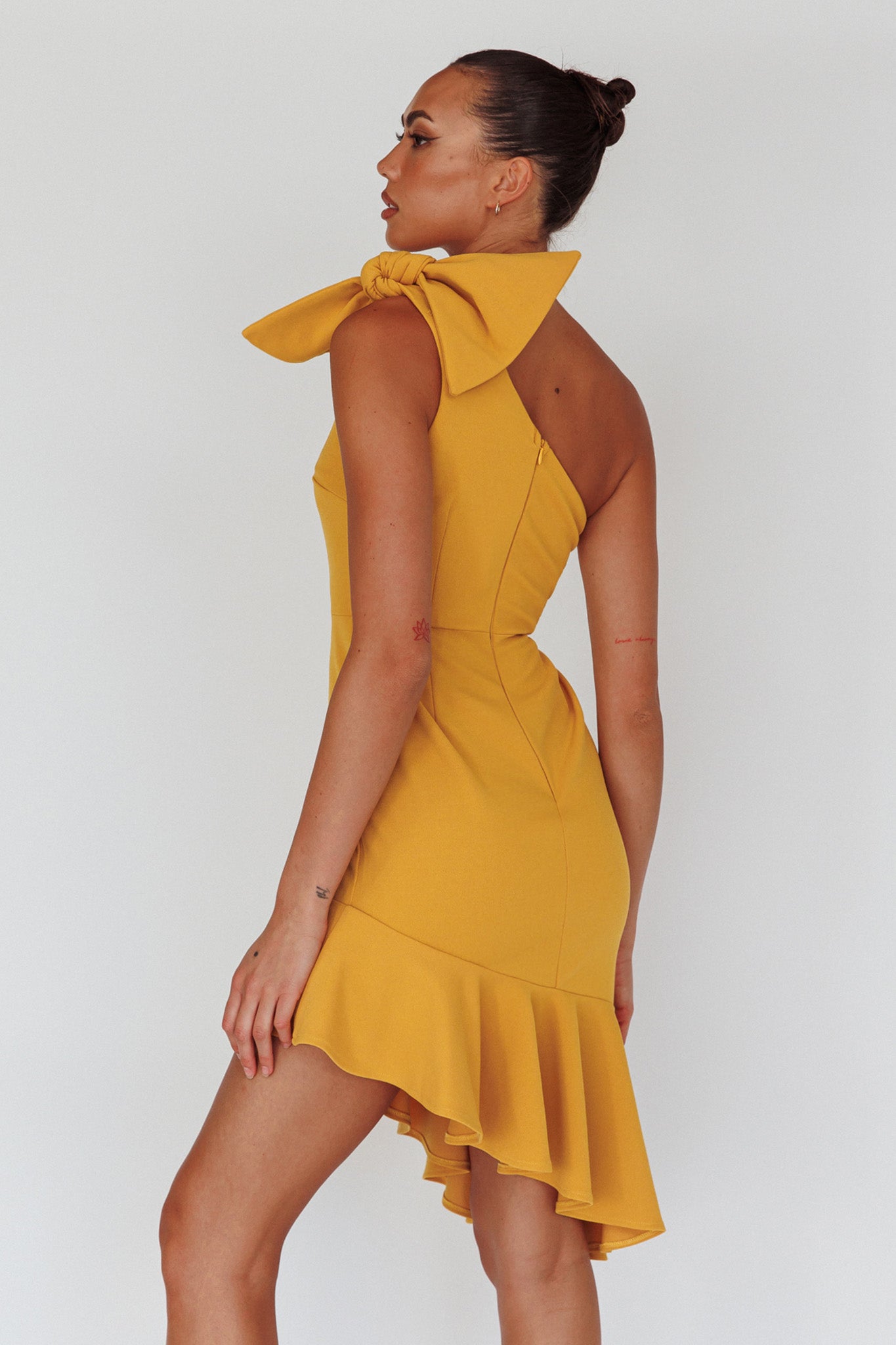 Tiffany One-Shoulder Bow Dress Mustard by Selfie Leslie Australia