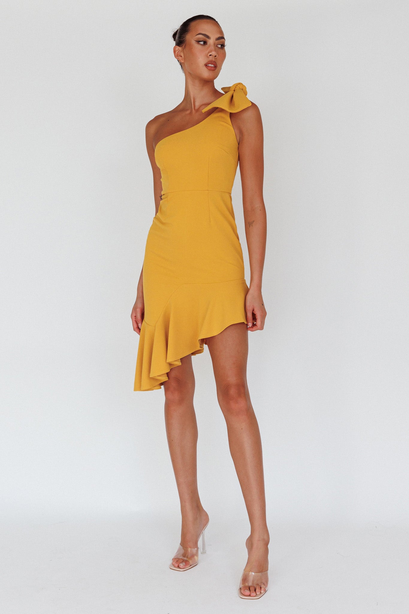 Tiffany One-Shoulder Bow Dress Mustard by Selfie Leslie Australia