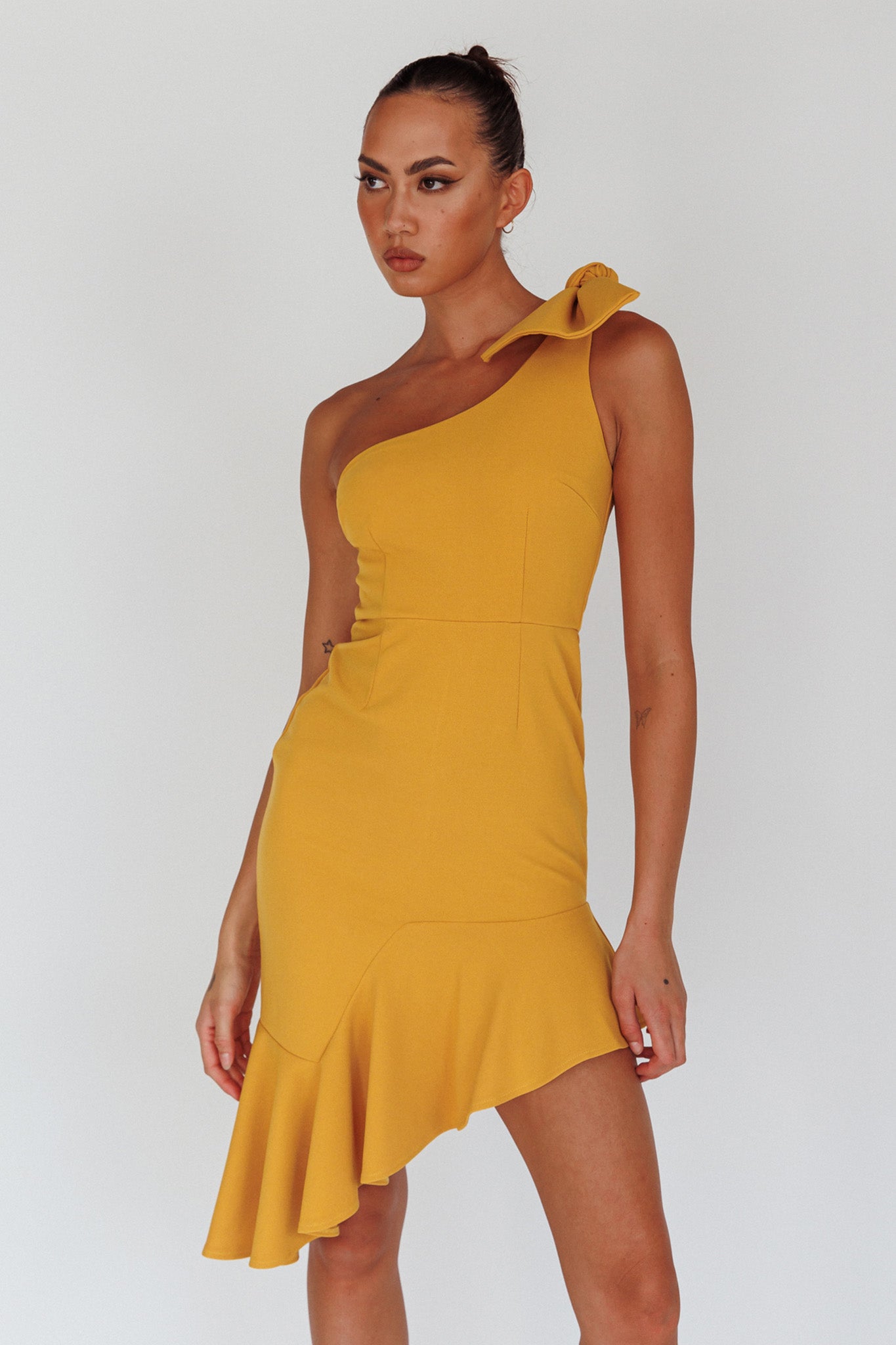 Tiffany One-Shoulder Bow Dress Mustard by Selfie Leslie Australia