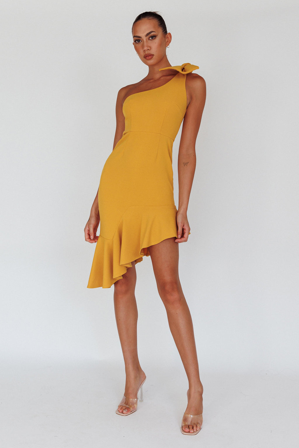 Tiffany One-Shoulder Bow Dress Mustard by Selfie Leslie Australia