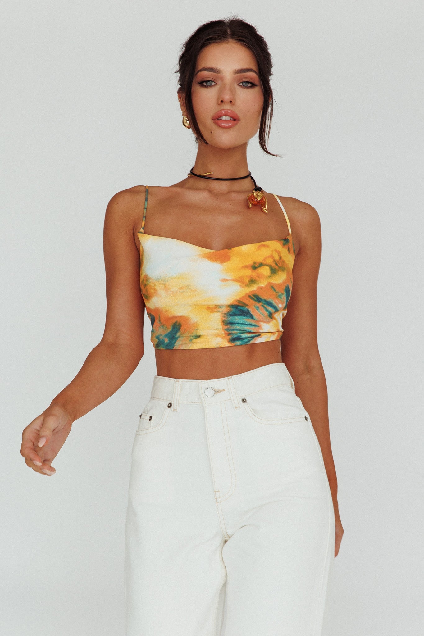 Show Me Love Cowl Neck Tied Back Crop Top Tie-Dye Yellow by Selfie Leslie Australia