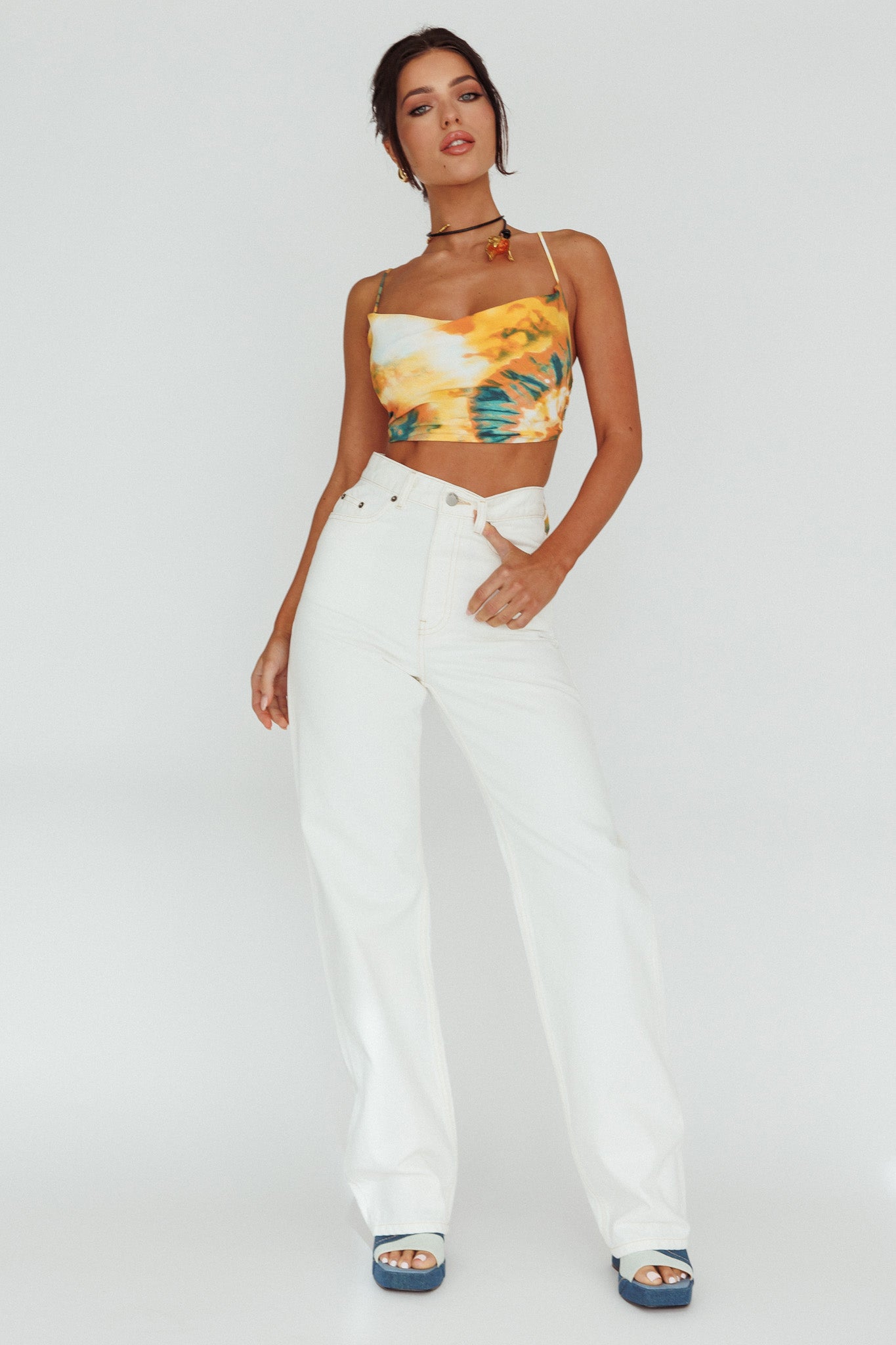 Show Me Love Cowl Neck Tied Back Crop Top Tie-Dye Yellow by Selfie Leslie Australia