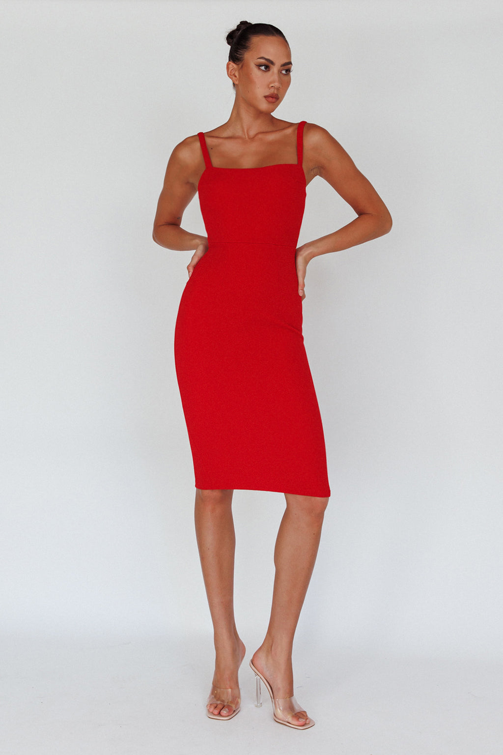 Georgia Square Neckline Midi Dress Red by Selfie Leslie Australia