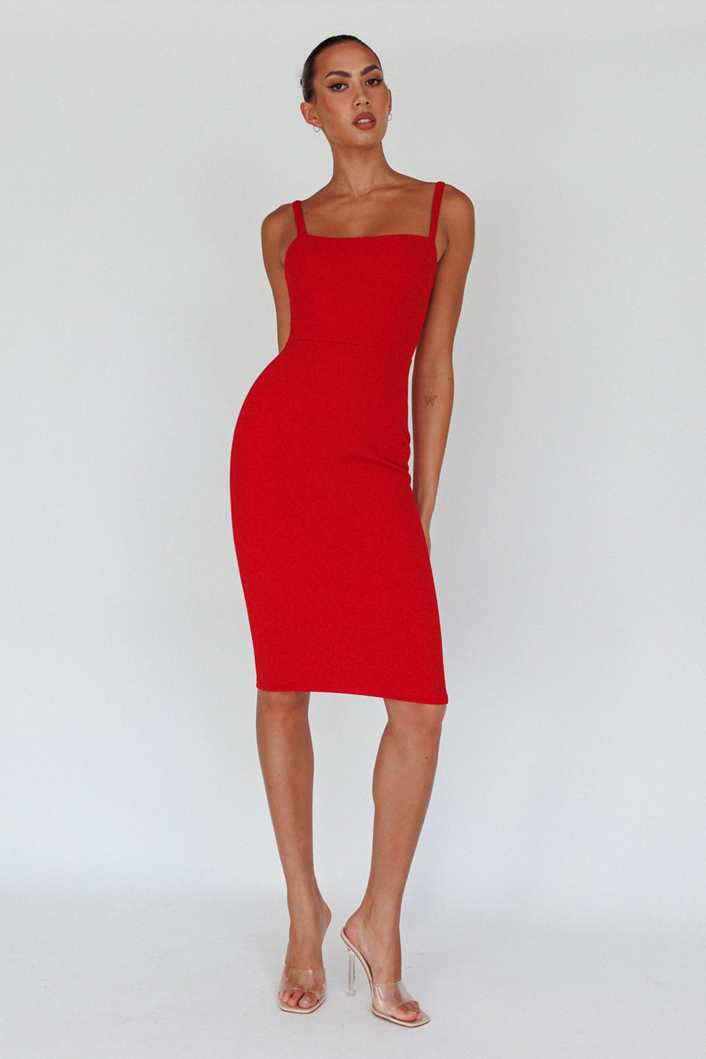 Georgia Square Neckline Midi Dress Red by Selfie Leslie Australia