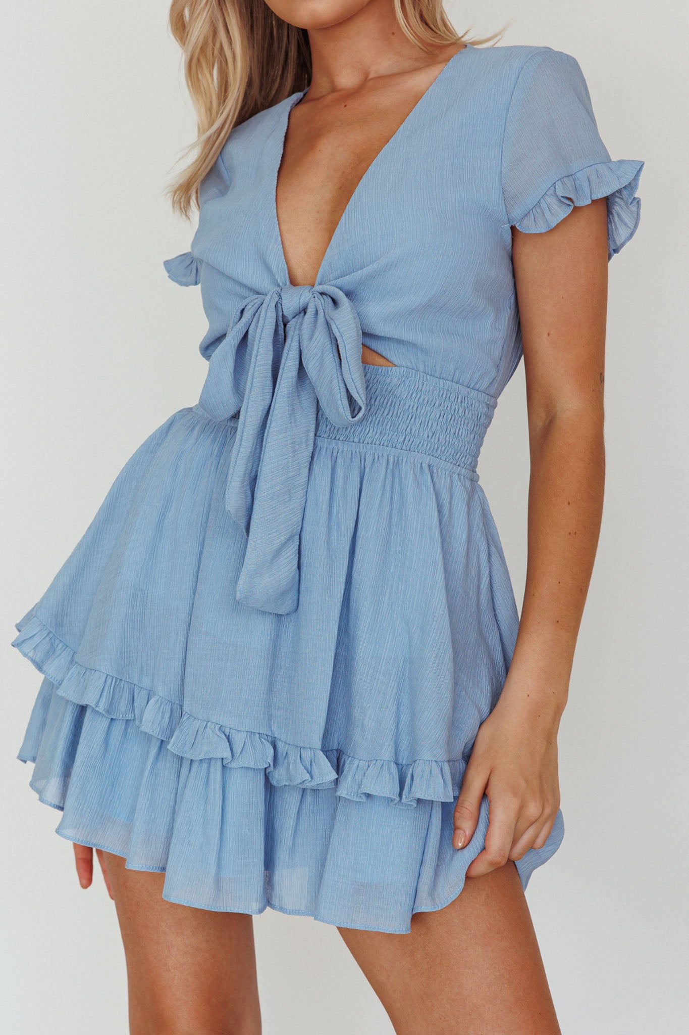 Anthea Bow-Tie Short Sleeve Frill Dress Cerulean by Selfie Leslie Australia
