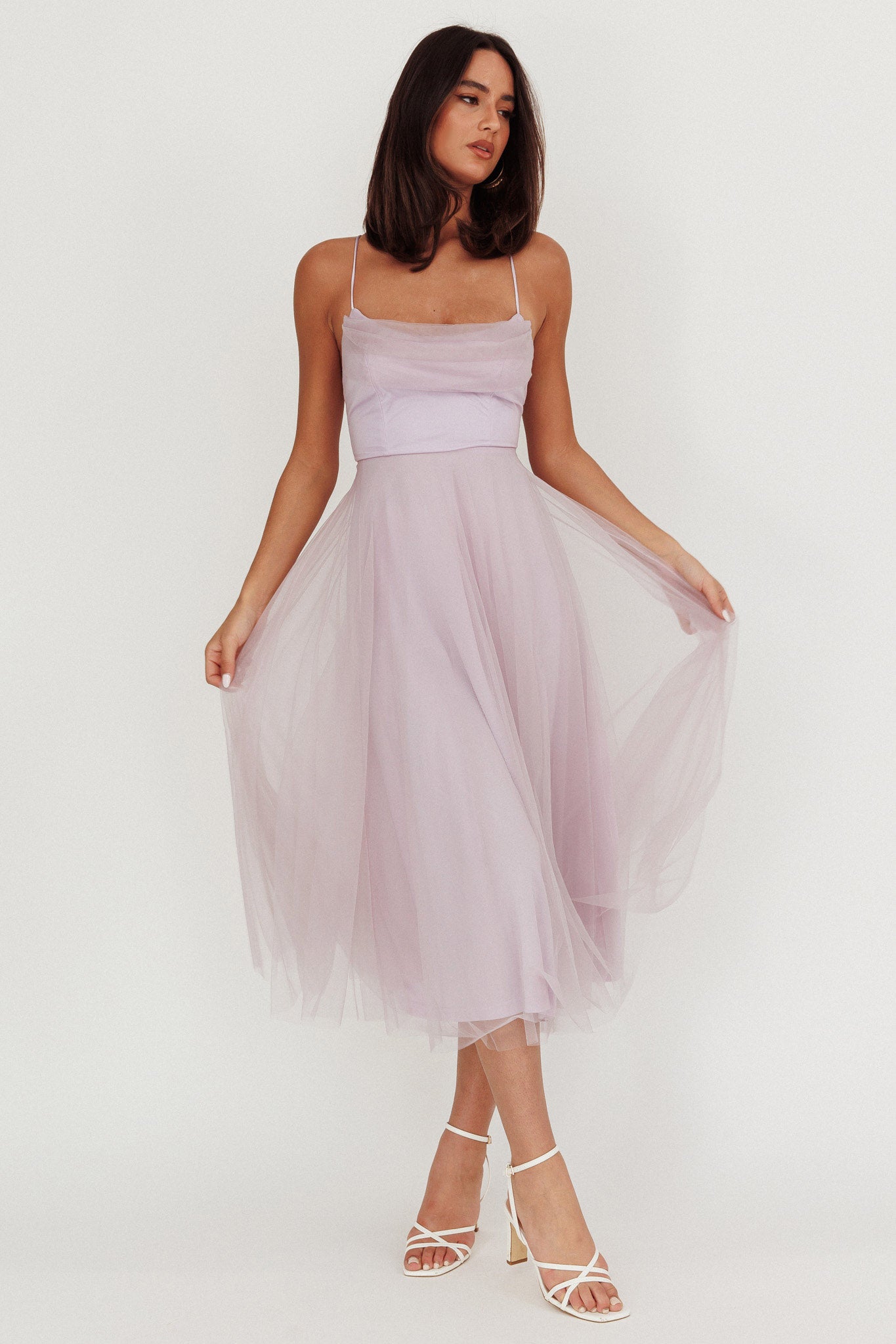 Floating By Pleated Neckline Mesh Midi Dress Lilac by Selfie Leslie Australia
