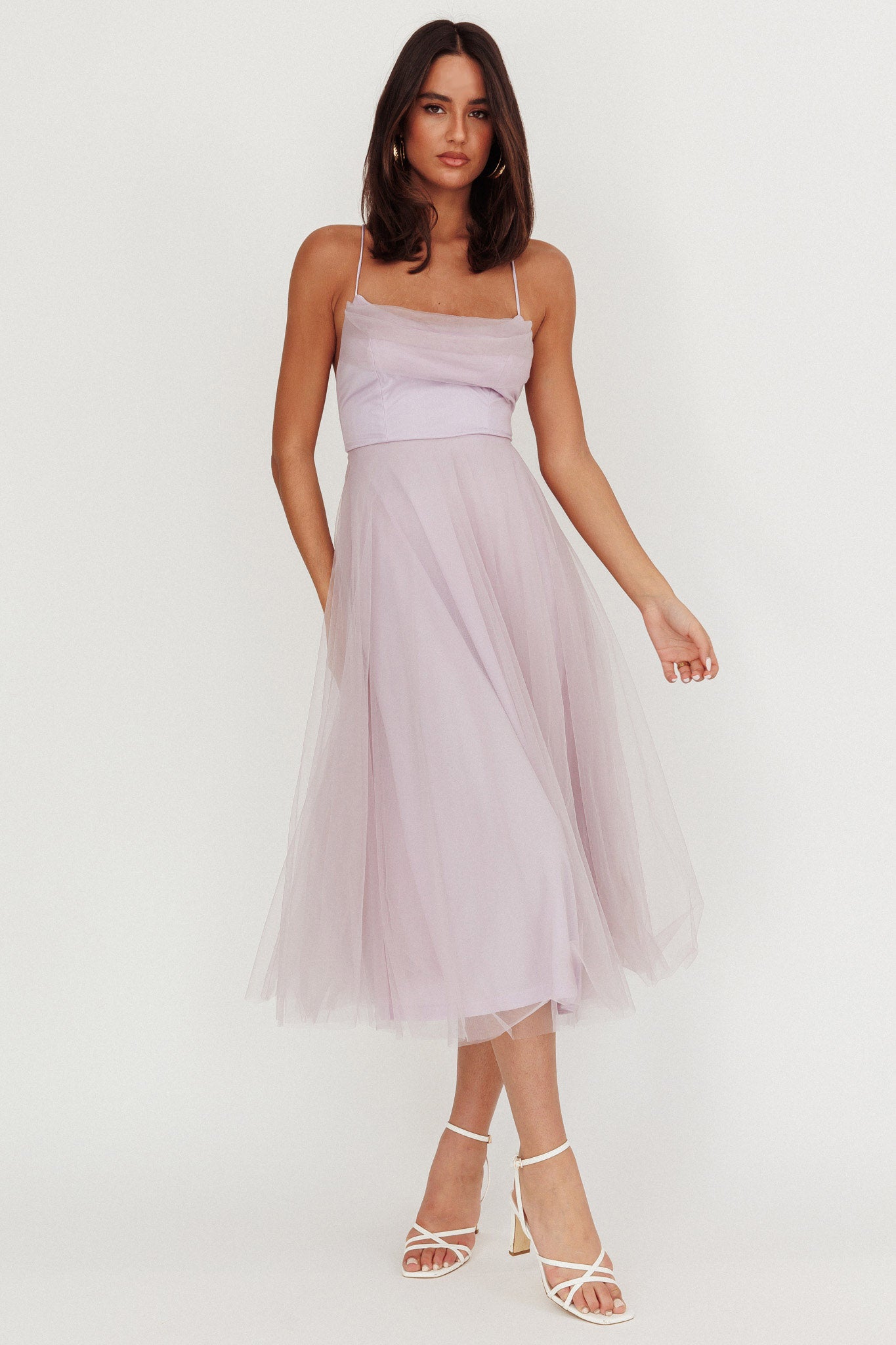 Floating By Pleated Neckline Mesh Midi Dress Lilac by Selfie Leslie Australia