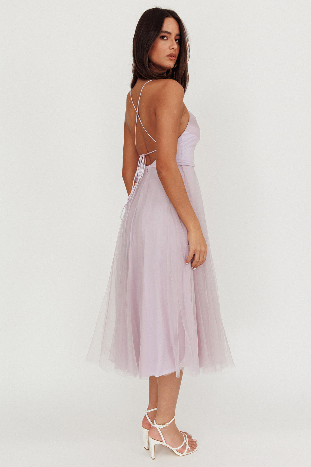 Floating By Pleated Neckline Mesh Midi Dress Lilac by Selfie Leslie Australia