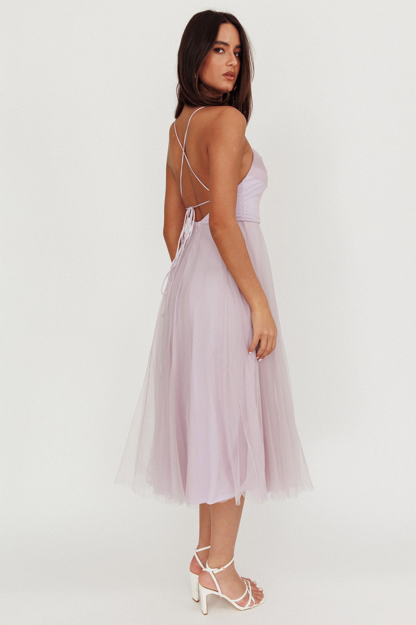Floating By Pleated Neckline Mesh Midi Dress Lilac by Selfie Leslie Australia