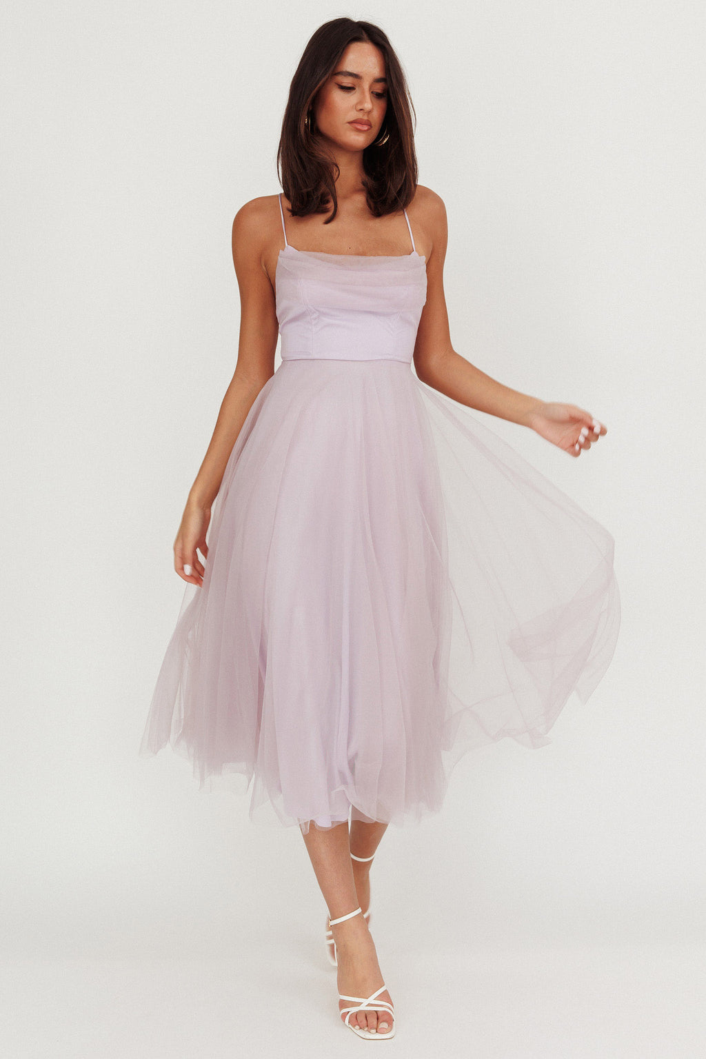 Floating By Pleated Neckline Mesh Midi Dress Lilac by Selfie Leslie Australia