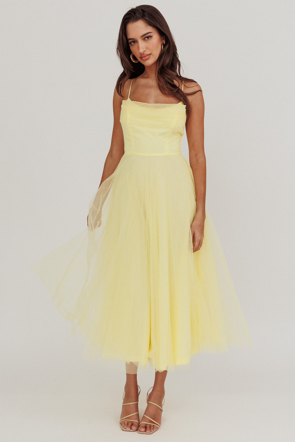 Floating By Pleated Neckline Mesh Midi Dress Yellow by Selfie Leslie Australia