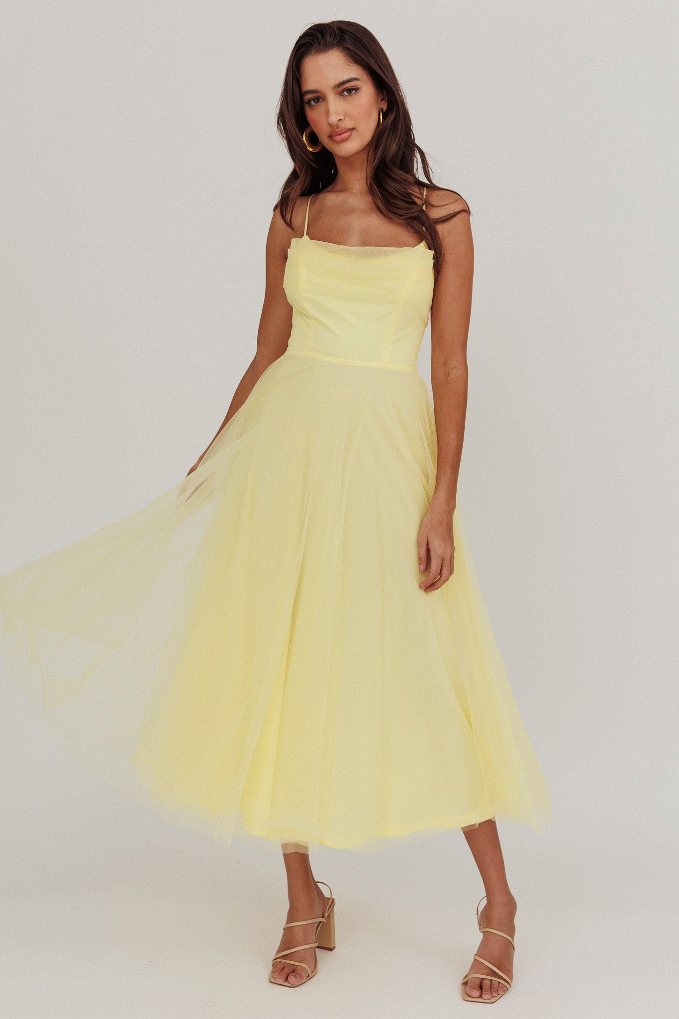 Floating By Pleated Neckline Mesh Midi Dress Yellow by Selfie Leslie Australia