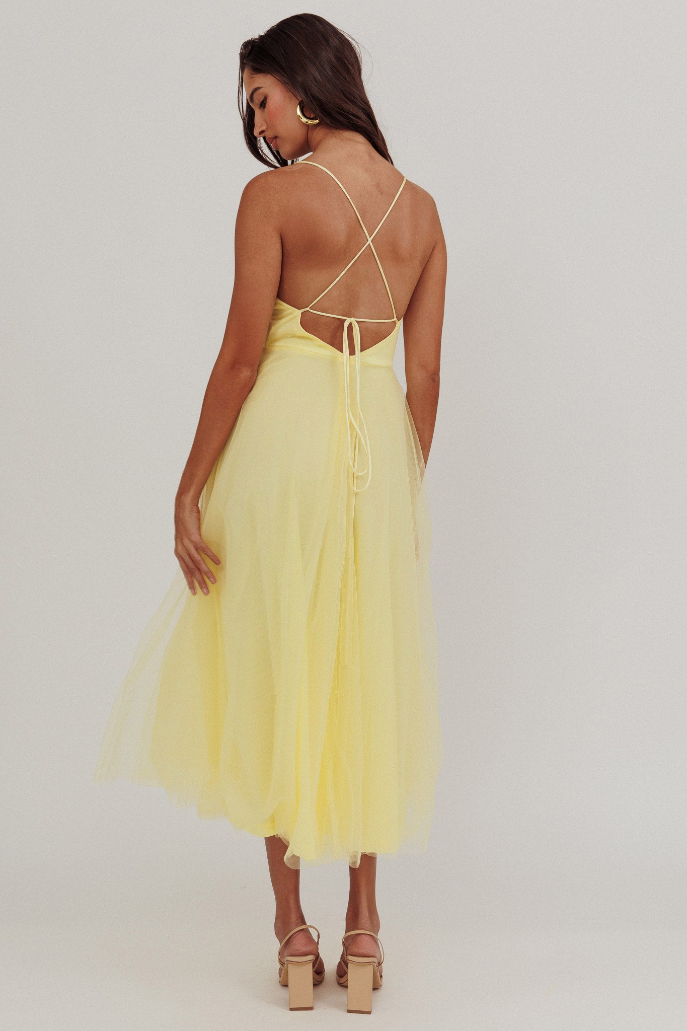 Floating By Pleated Neckline Mesh Midi Dress Yellow by Selfie Leslie Australia
