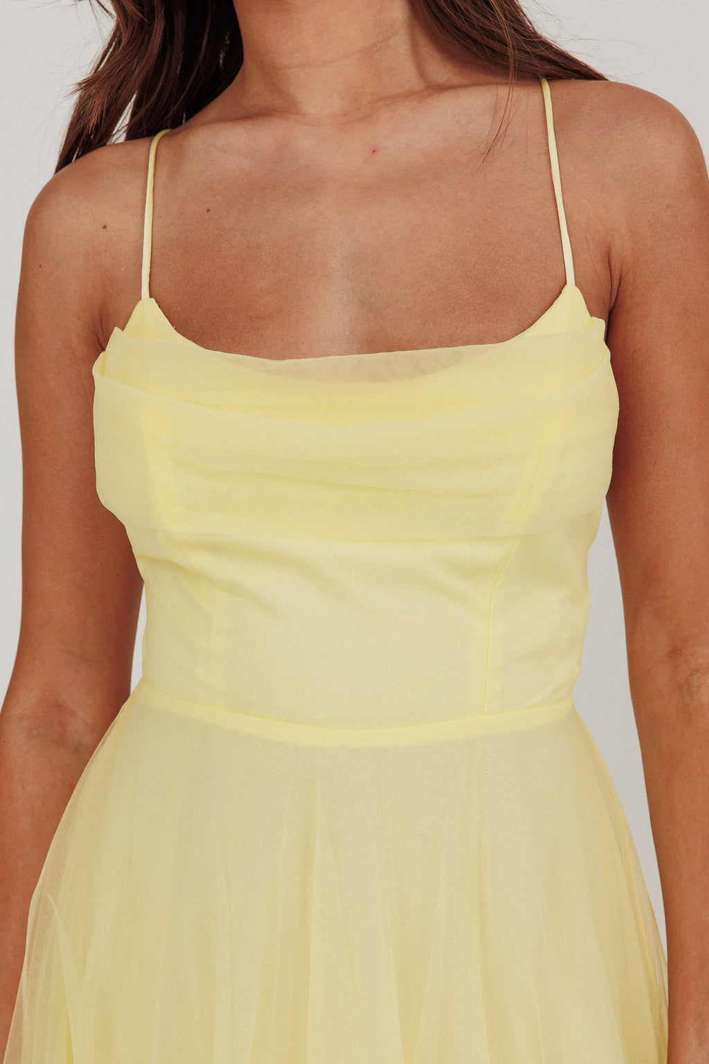 Floating By Pleated Neckline Mesh Midi Dress Yellow by Selfie Leslie Australia