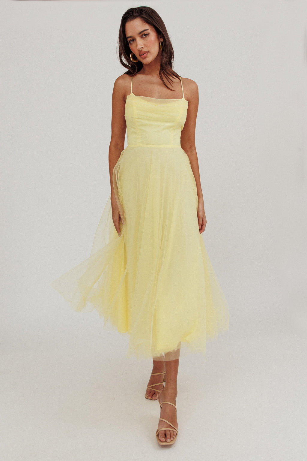 Floating By Pleated Neckline Mesh Midi Dress Yellow by Selfie Leslie Australia