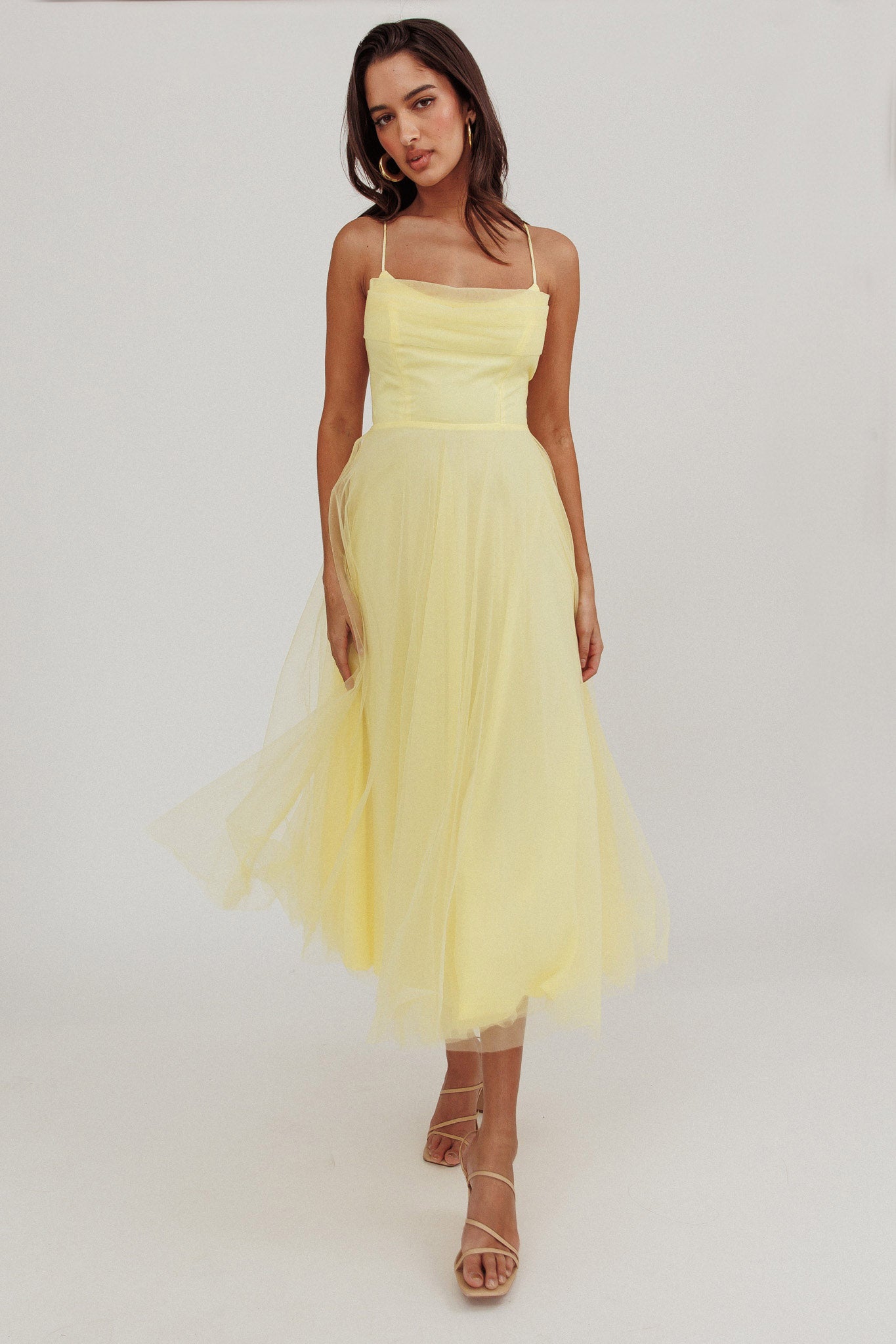 Floating By Pleated Neckline Mesh Midi Dress Yellow by Selfie Leslie Australia