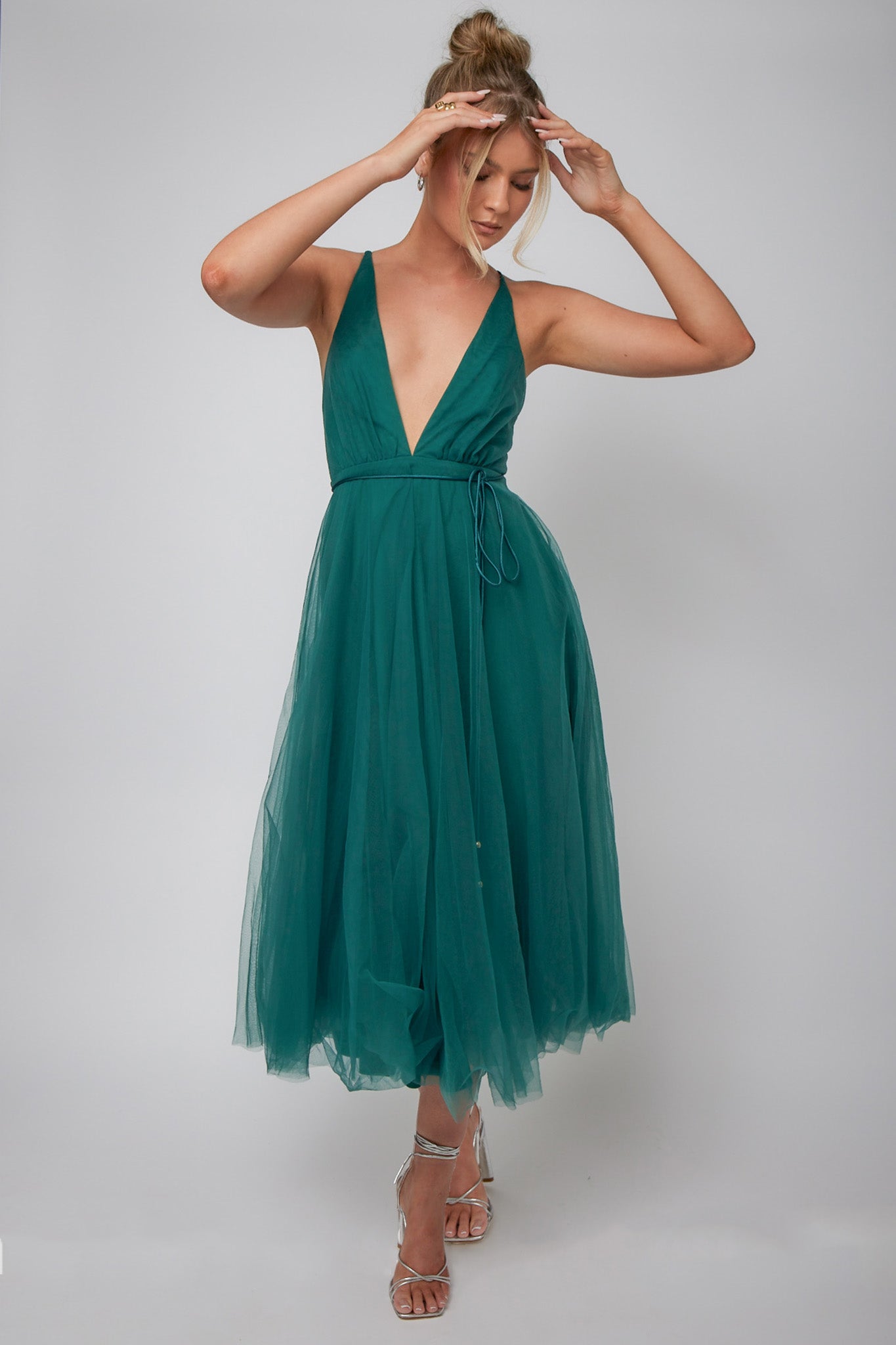 Floating By Plunging Neckline Mesh Overlay Midi Dress Forest Green by Selfie Leslie Australia