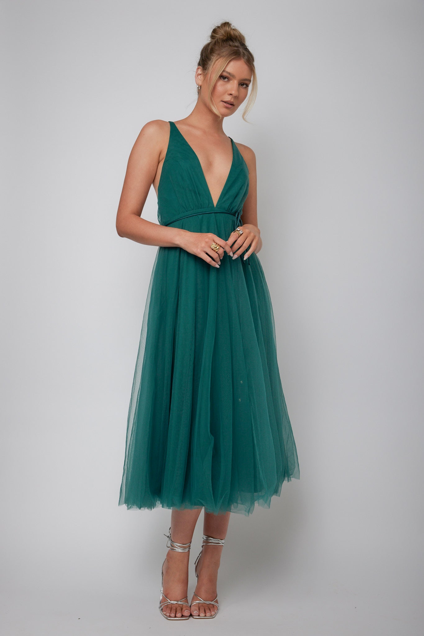 Floating By Plunging Neckline Mesh Overlay Midi Dress Forest Green by Selfie Leslie Australia