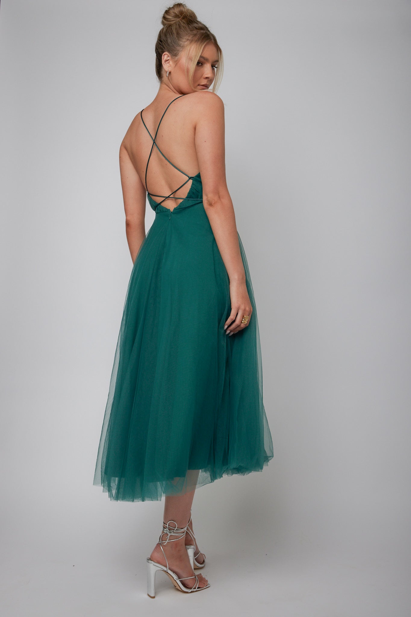 Floating By Plunging Neckline Mesh Overlay Midi Dress Forest Green by Selfie Leslie Australia