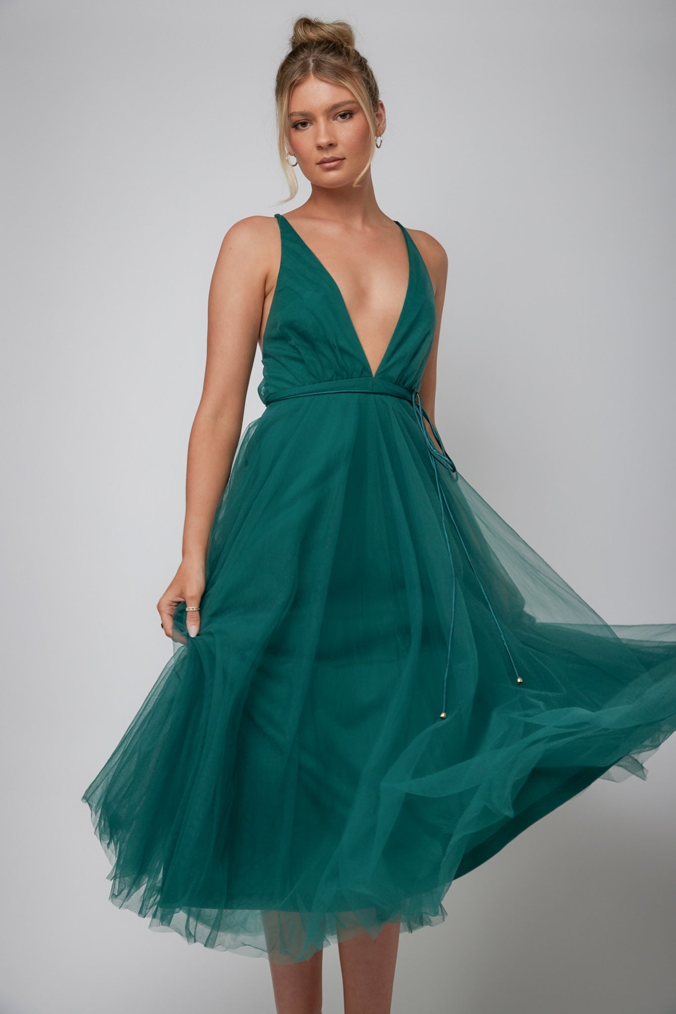 Floating By Plunging Neckline Mesh Overlay Midi Dress Forest Green by Selfie Leslie Australia
