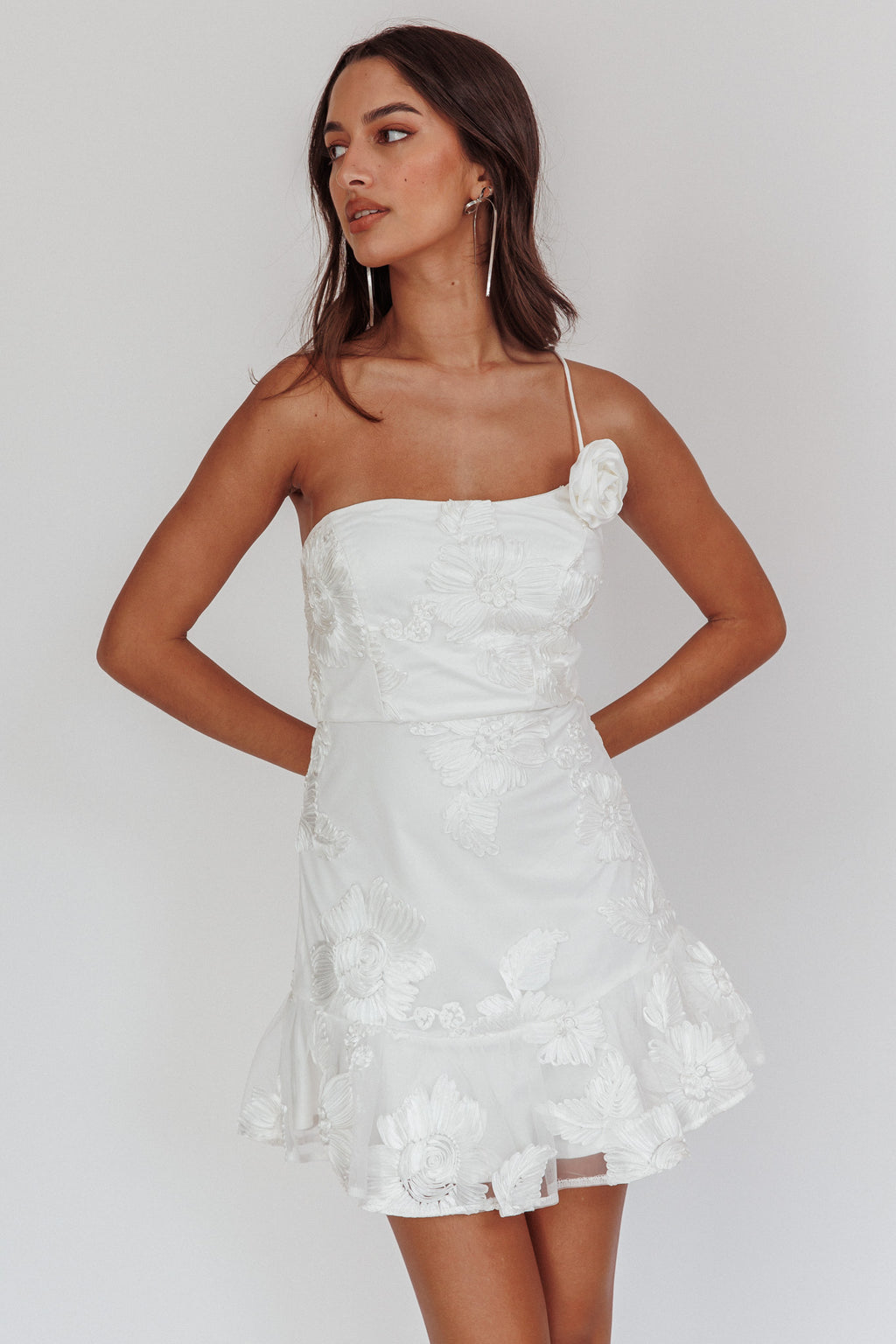 Lilah One-Shoulder Embellished Rosette Dress White by Selfie Leslie Australia