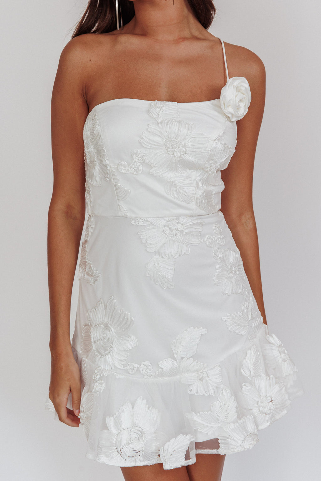 Lilah One-Shoulder Embellished Rosette Dress White by Selfie Leslie Australia