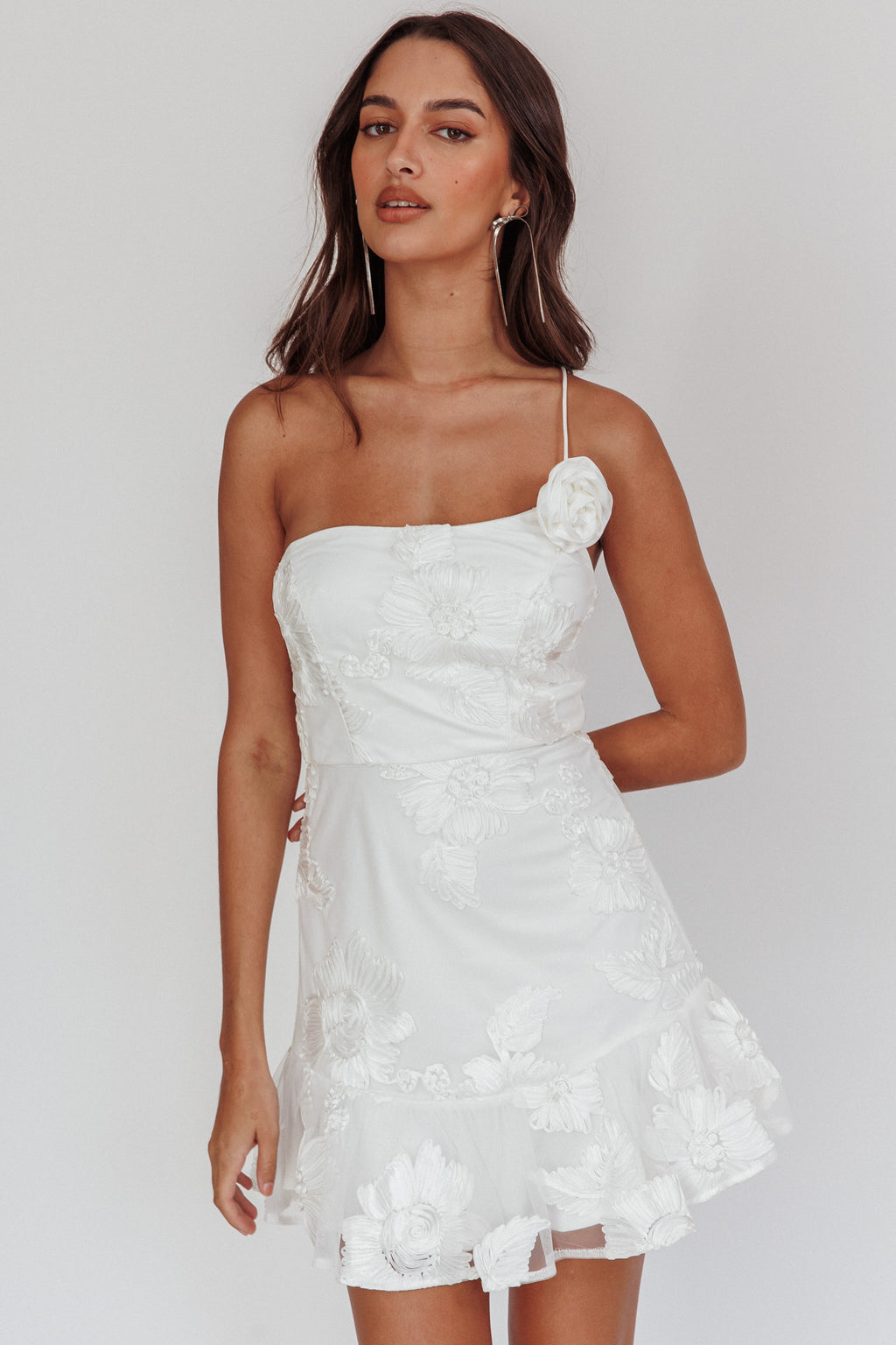 Lilah One-Shoulder Embellished Rosette Dress White by Selfie Leslie Australia