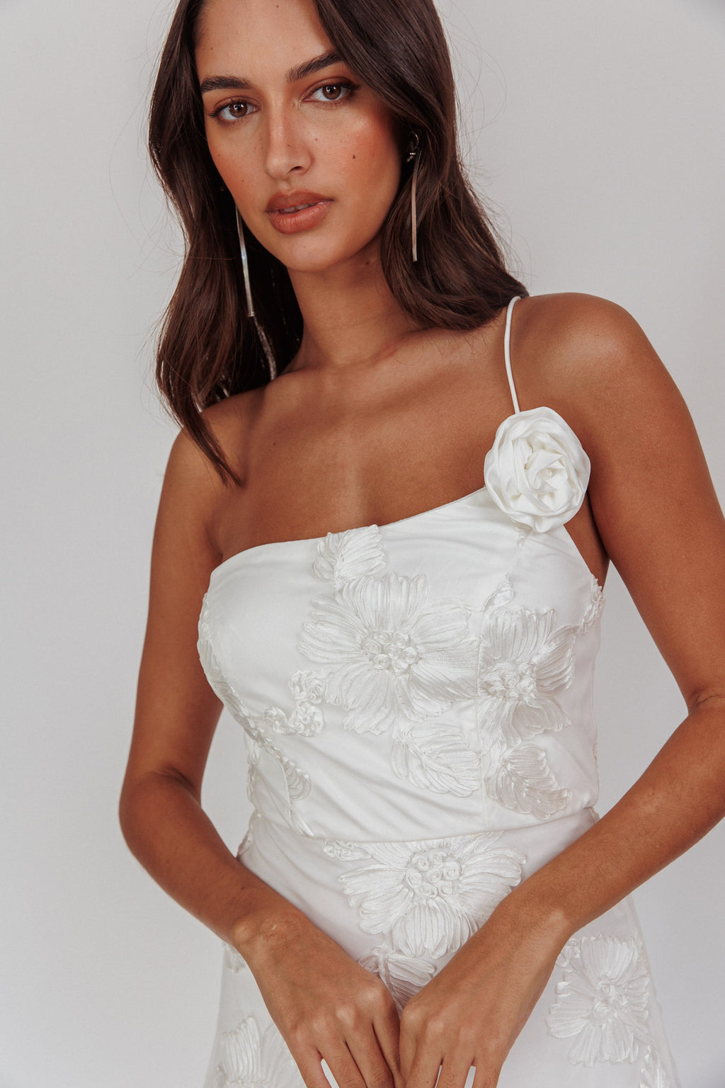 Lilah One-Shoulder Embellished Rosette Dress White by Selfie Leslie Australia