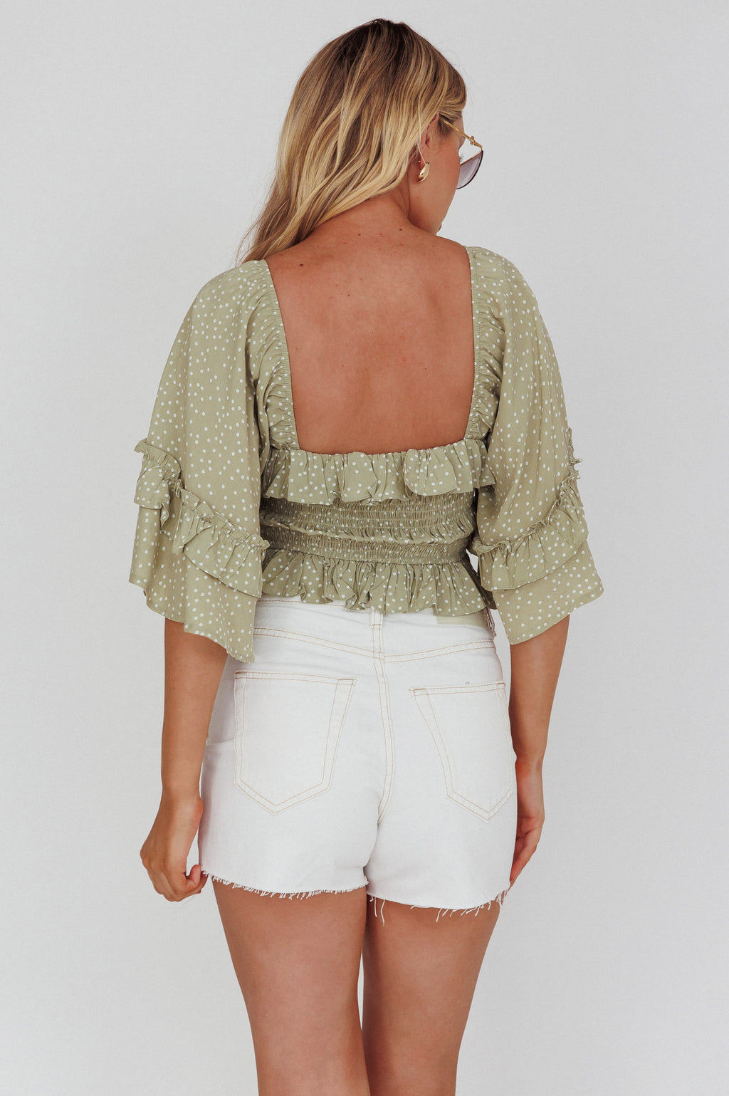 Boardwalk Bell Sleeve Crop Top Spotty Sage by Selfie Leslie Australia