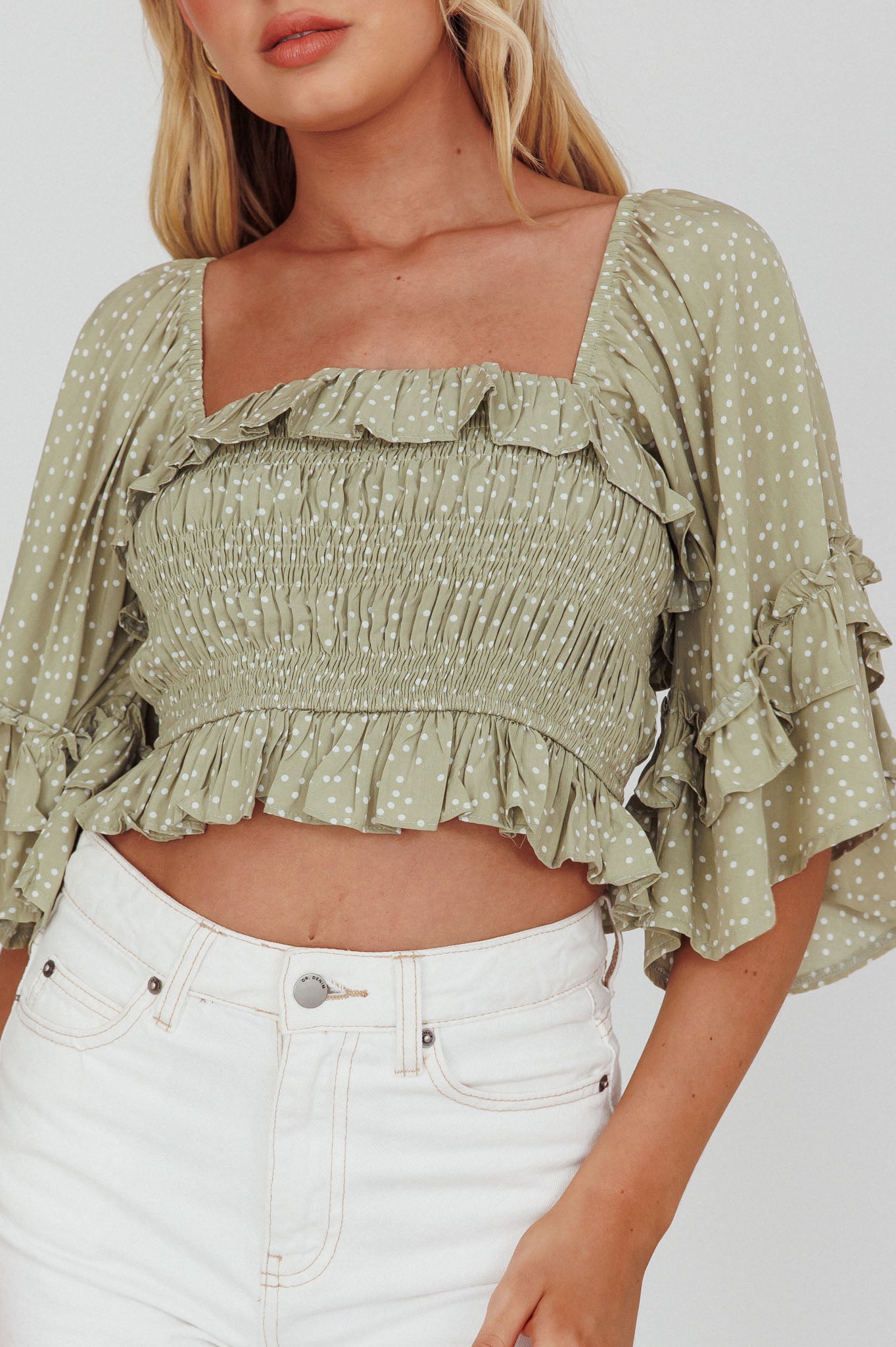 Boardwalk Bell Sleeve Crop Top Spotty Sage by Selfie Leslie Australia