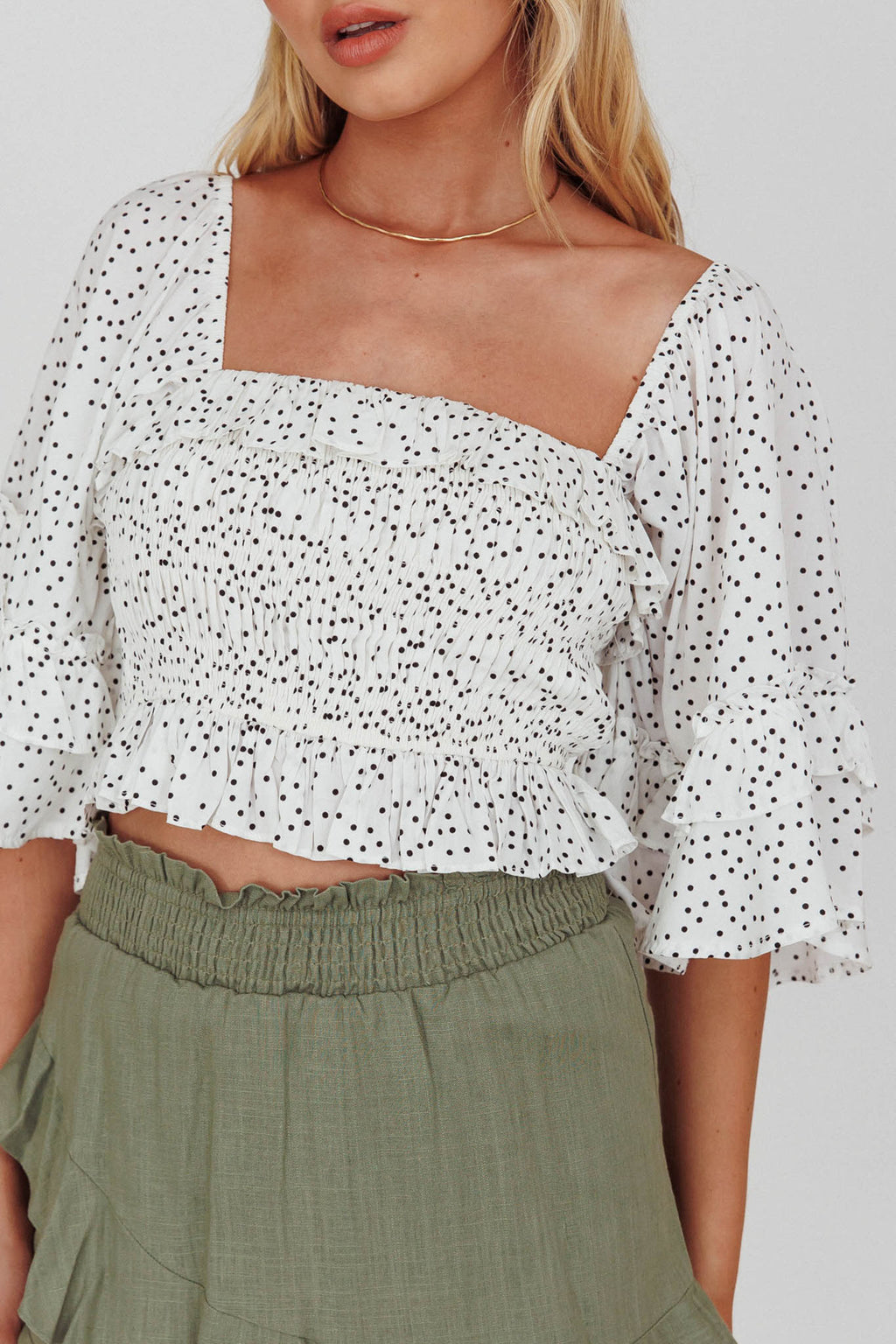 Boardwalk Bell Sleeve Crop Top Spotty White by Selfie Leslie Australia