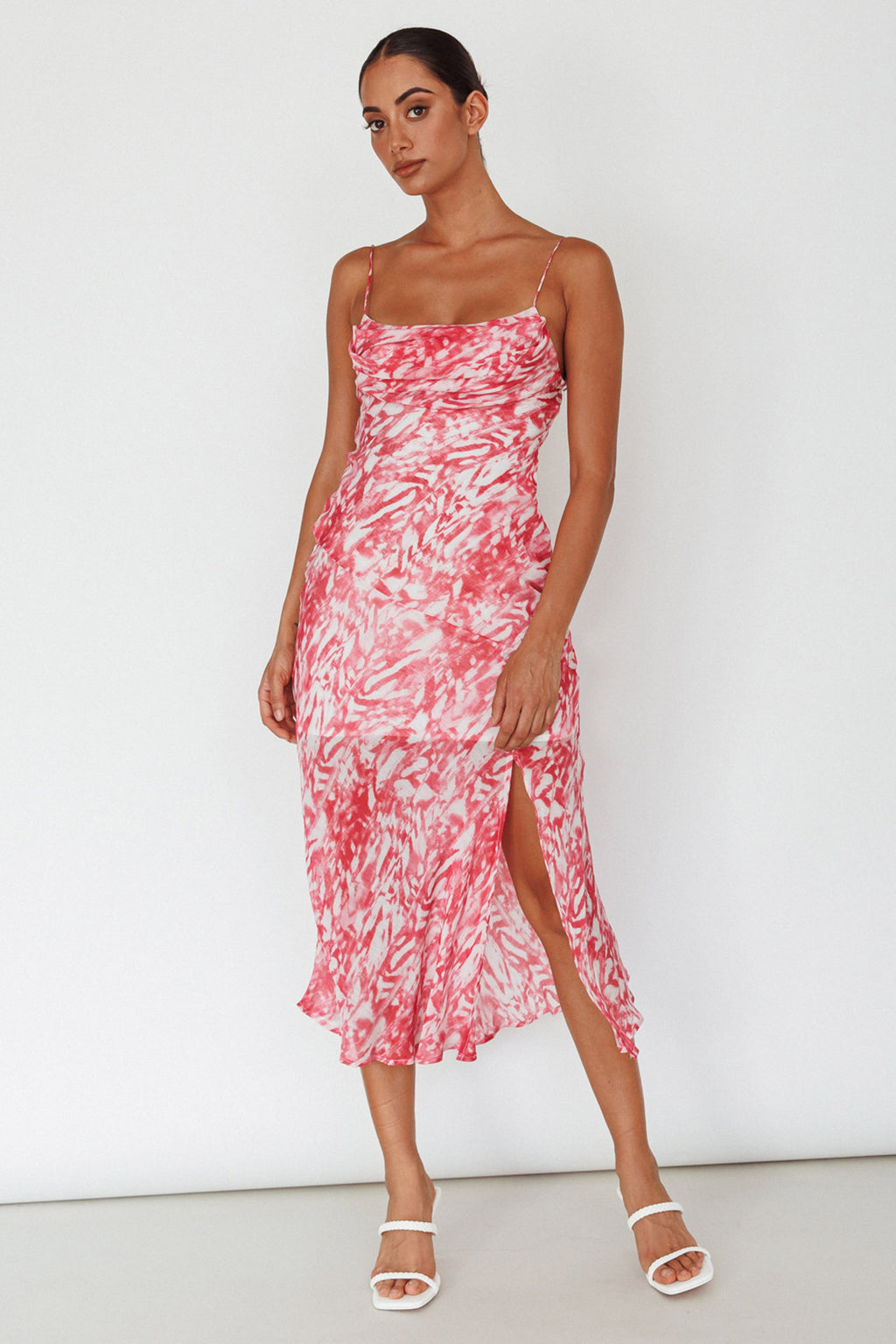 Well Versed Pleated Bust Front Split Dress Swirl Fuchsia by Selfie Leslie Australia