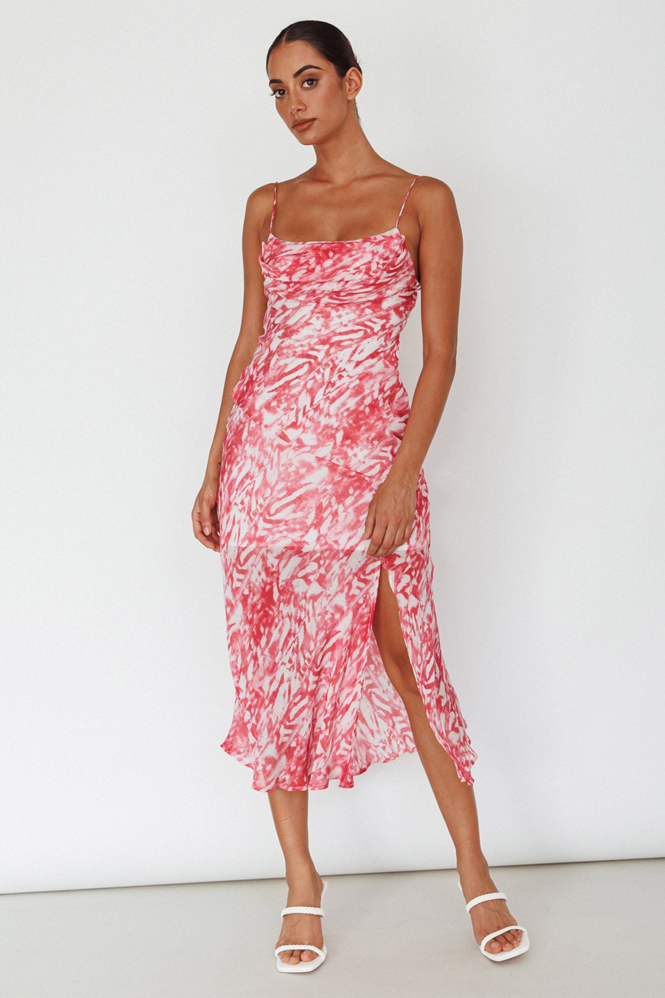 Well Versed Pleated Bust Front Split Dress Swirl Fuchsia by Selfie Leslie Australia