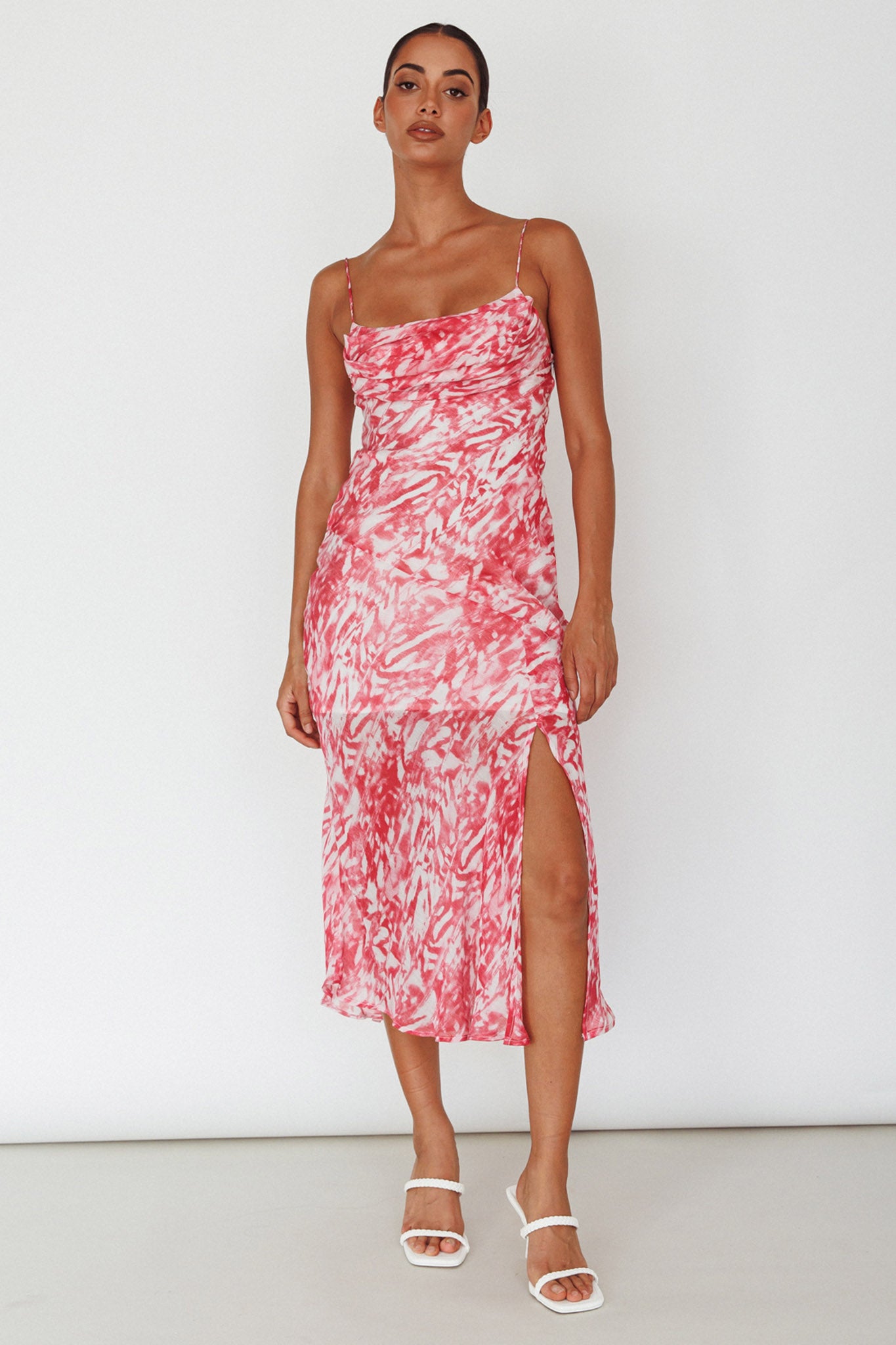 Well Versed Pleated Bust Front Split Dress Swirl Fuchsia by Selfie Leslie Australia