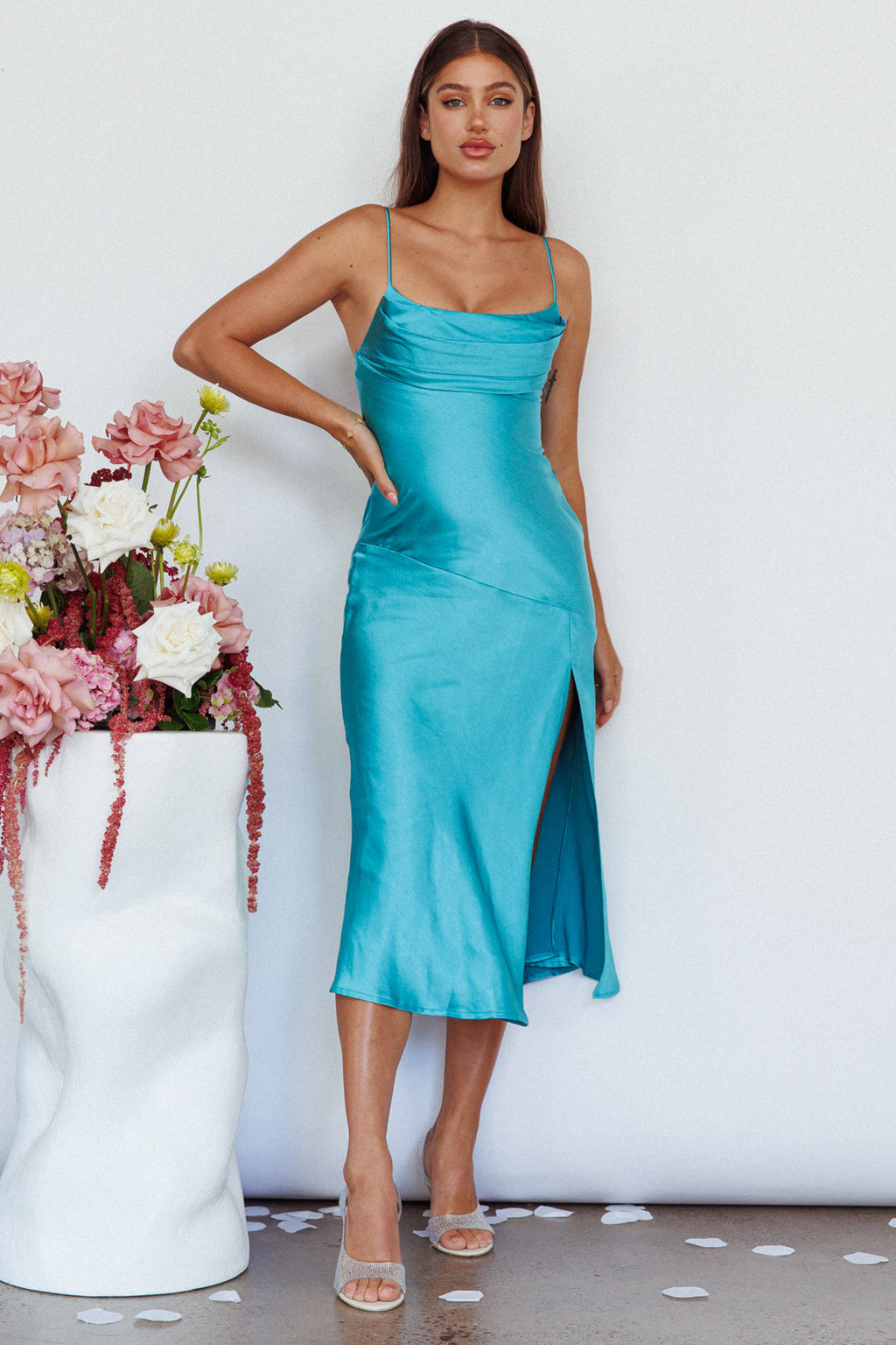 Well Versed Pleated Bust Front Split Dress Aqua by Selfie Leslie Australia