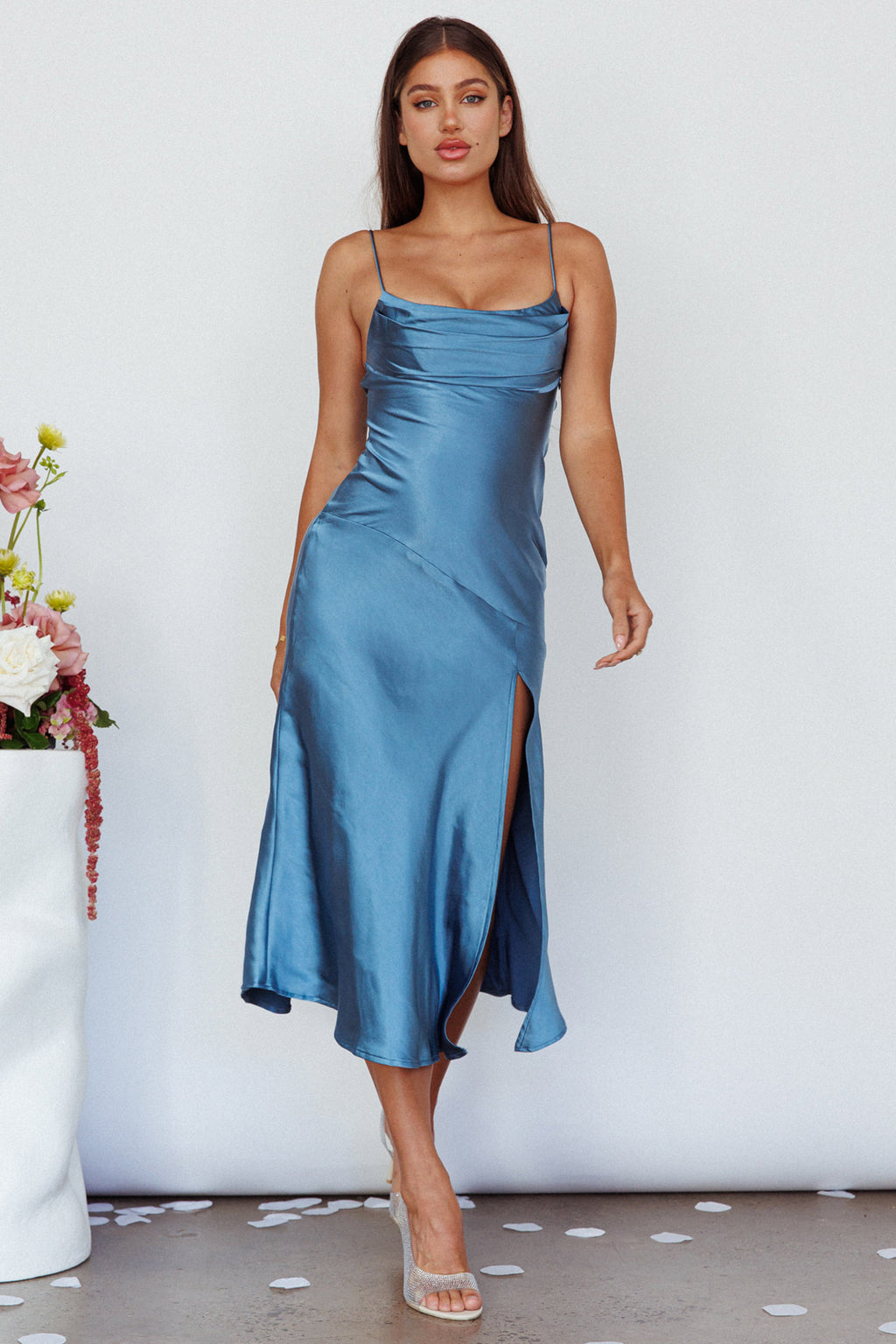 Well Versed Pleated Bust Front Split Dress Satin Midnight Blue by Selfie Leslie Australia