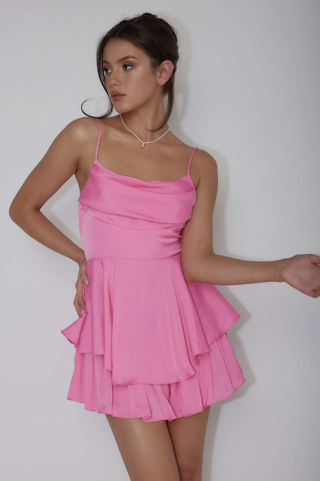 Well Versed Cowl Neck Flounce Romper Hot Pink by Selfie Leslie Australia
