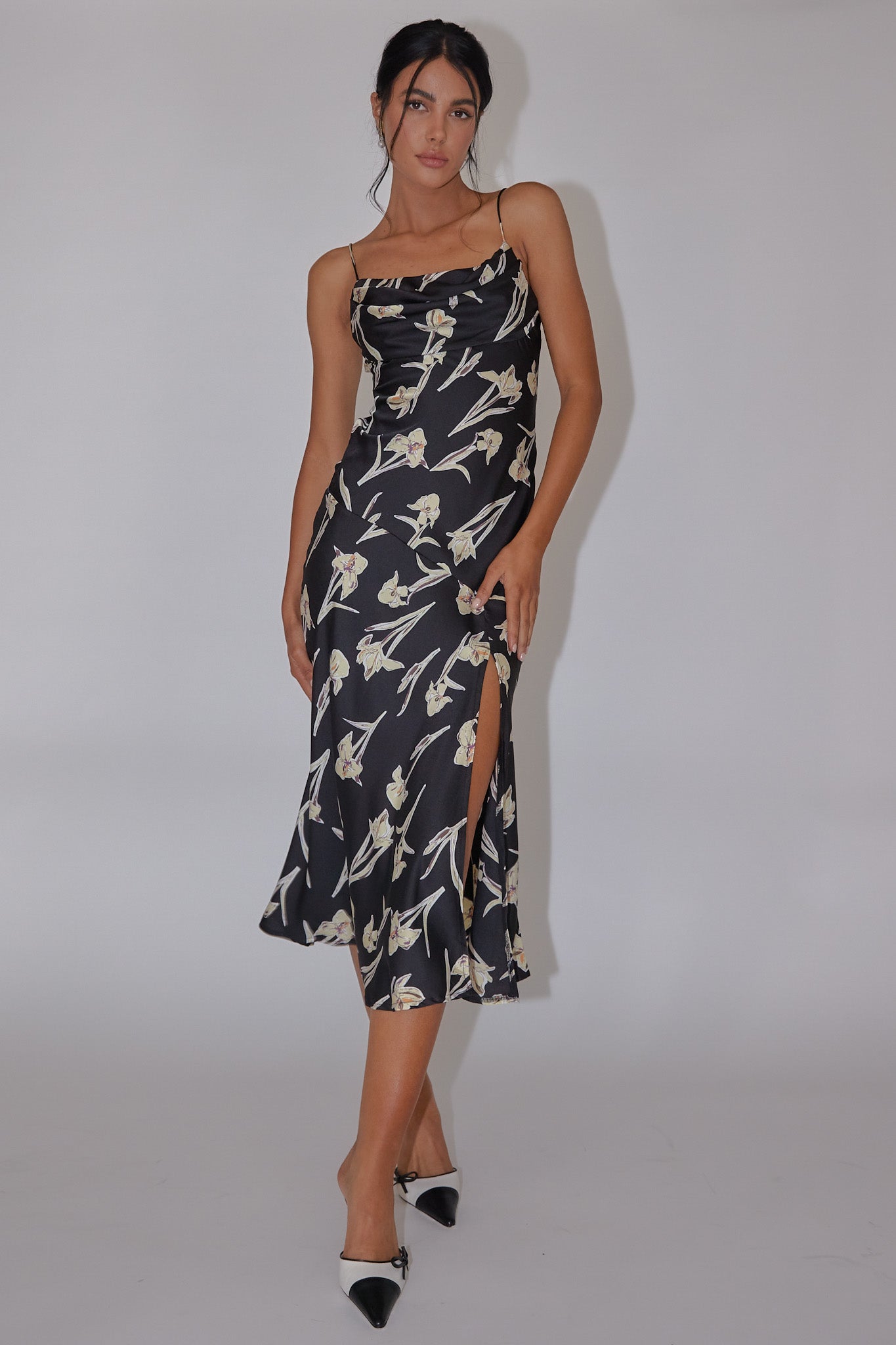 Well Versed Pleated Bust Front Split Dress Orchid Black by Selfie Leslie Australia