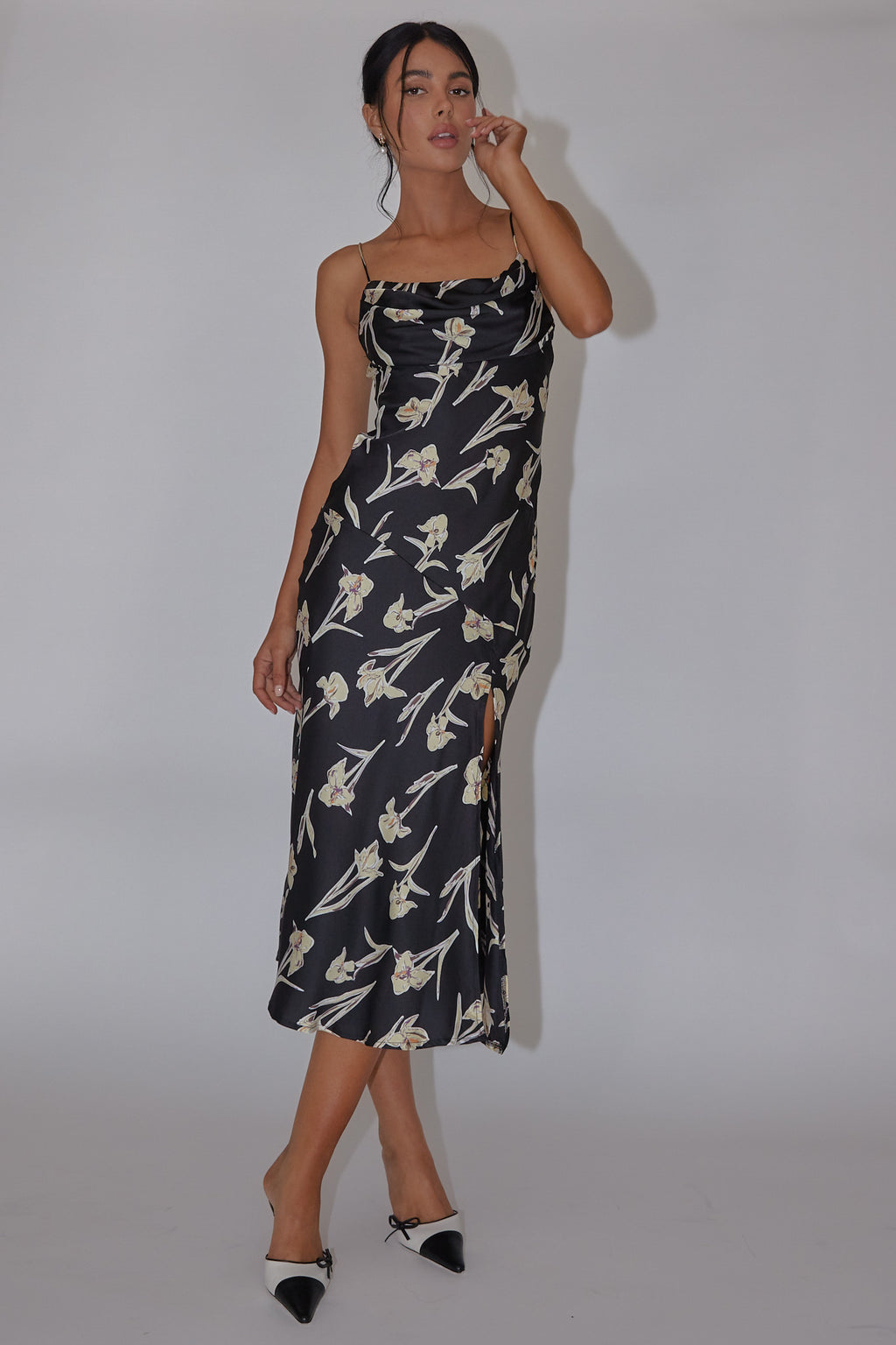 Well Versed Pleated Bust Front Split Dress Orchid Black by Selfie Leslie Australia