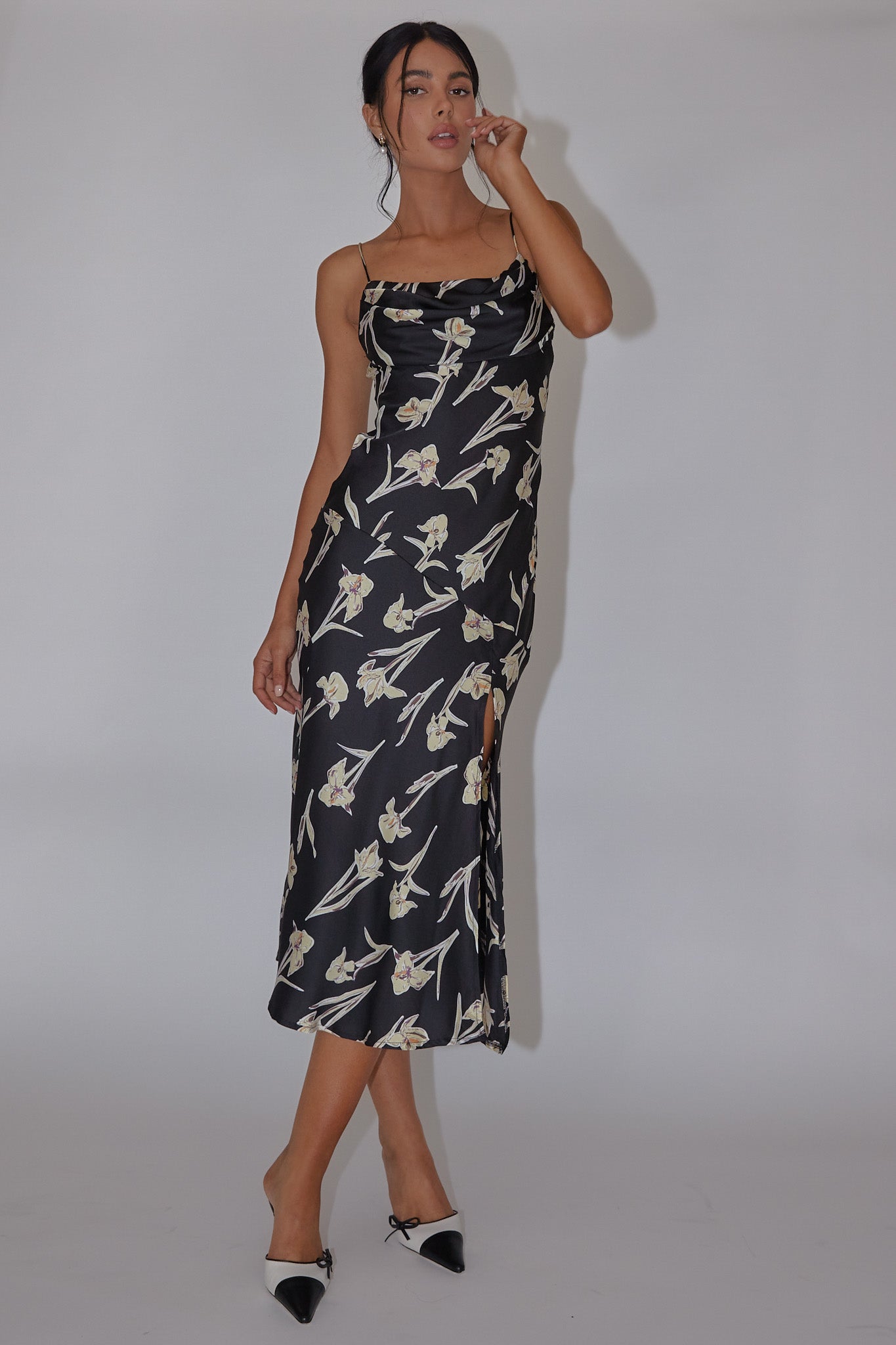 Well Versed Pleated Bust Front Split Dress Orchid Black by Selfie Leslie Australia