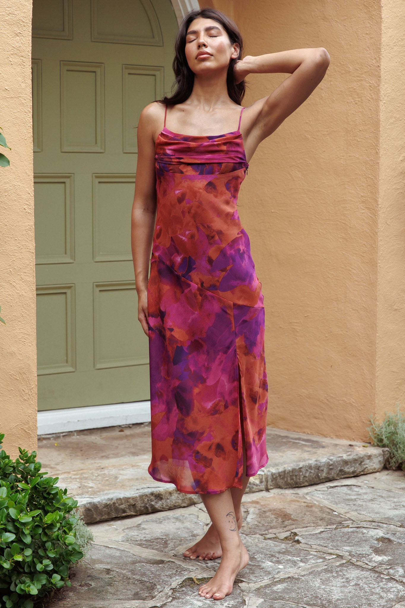 Well Versed Pleated Bust Front Split Dress Dark Rose by Selfie Leslie Australia