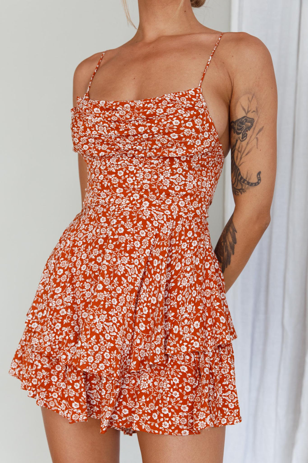 Well Versed Cowl Neck Flounce Romper Floral Orange by Selfie Leslie Australia
