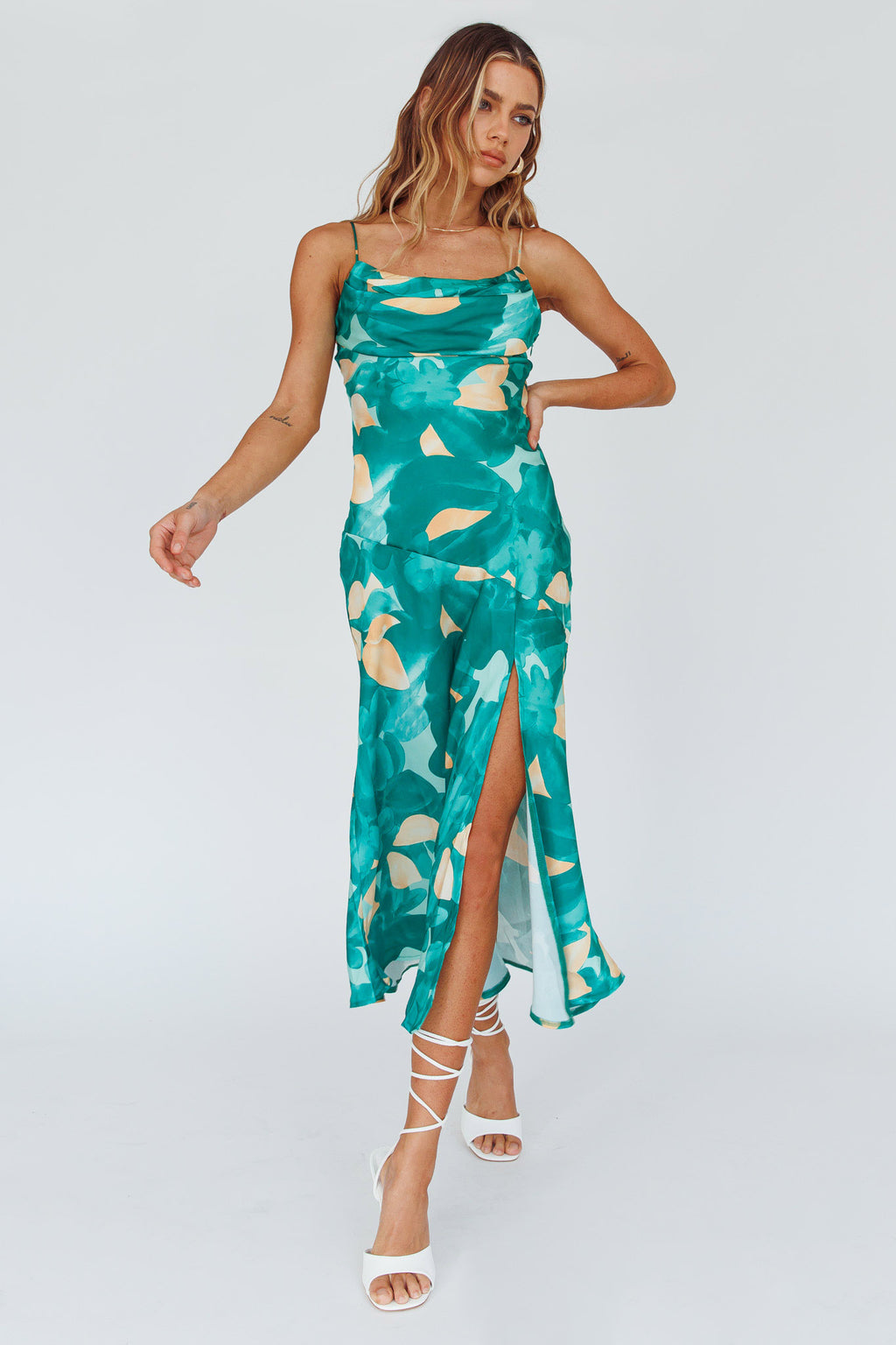 Well Versed Pleated Bust Front Split Dress Flora Green by Selfie Leslie Australia