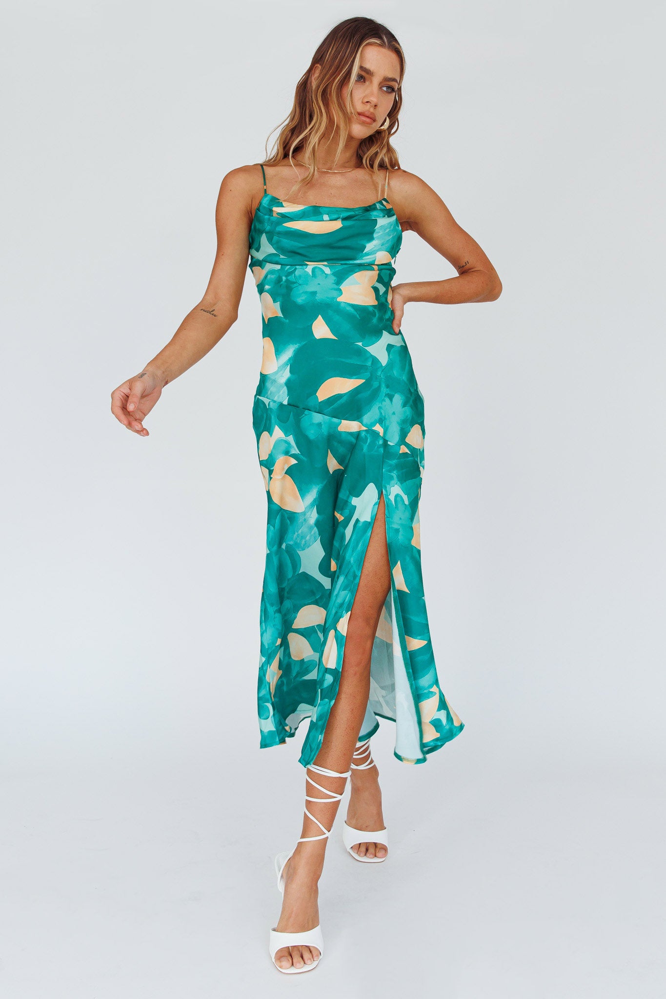 Well Versed Pleated Bust Front Split Dress Flora Green by Selfie Leslie Australia